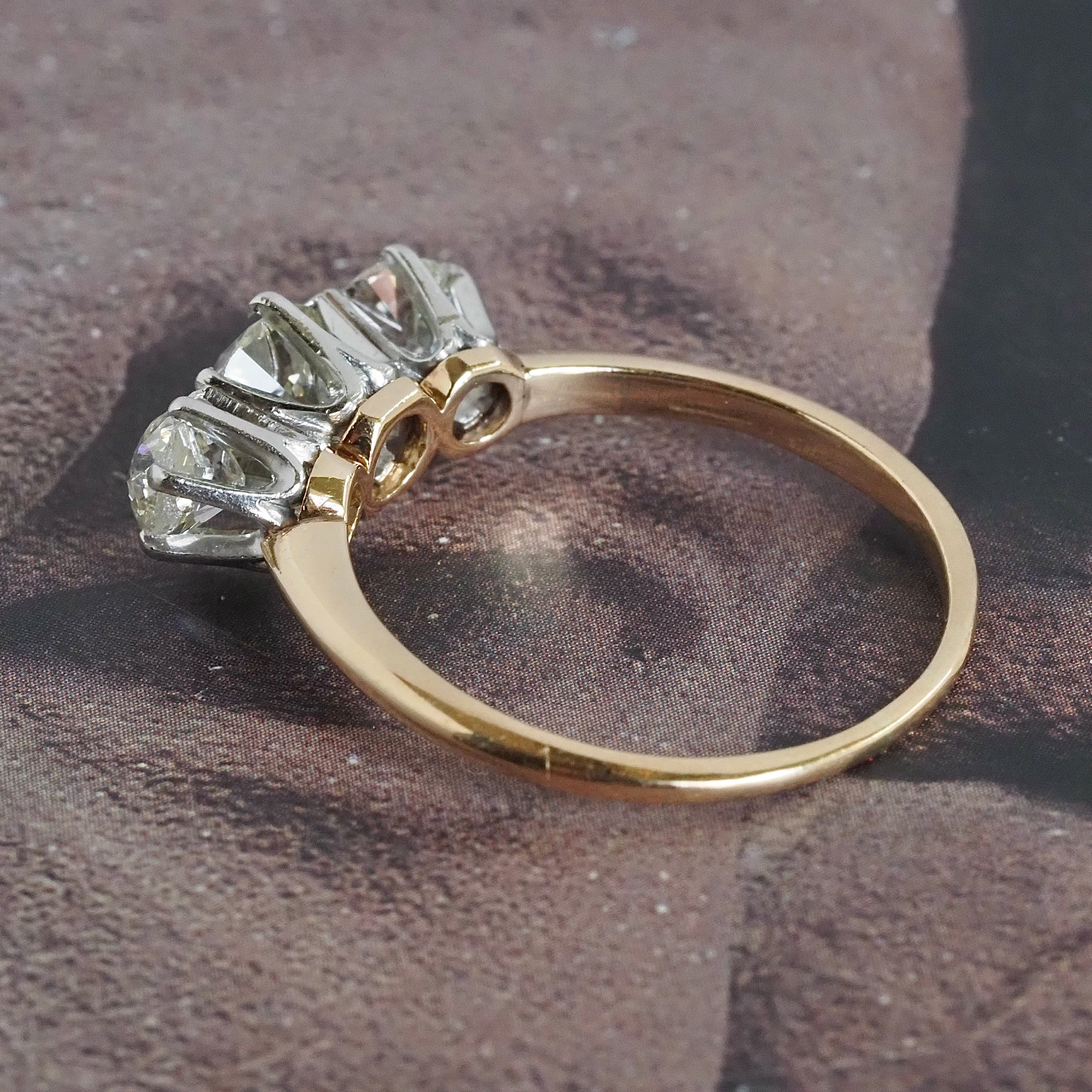 Vintage Old European & Old Mine Cut 1.59ctw Diamond Trilogy Platinum 14k Gold Engagement Ring