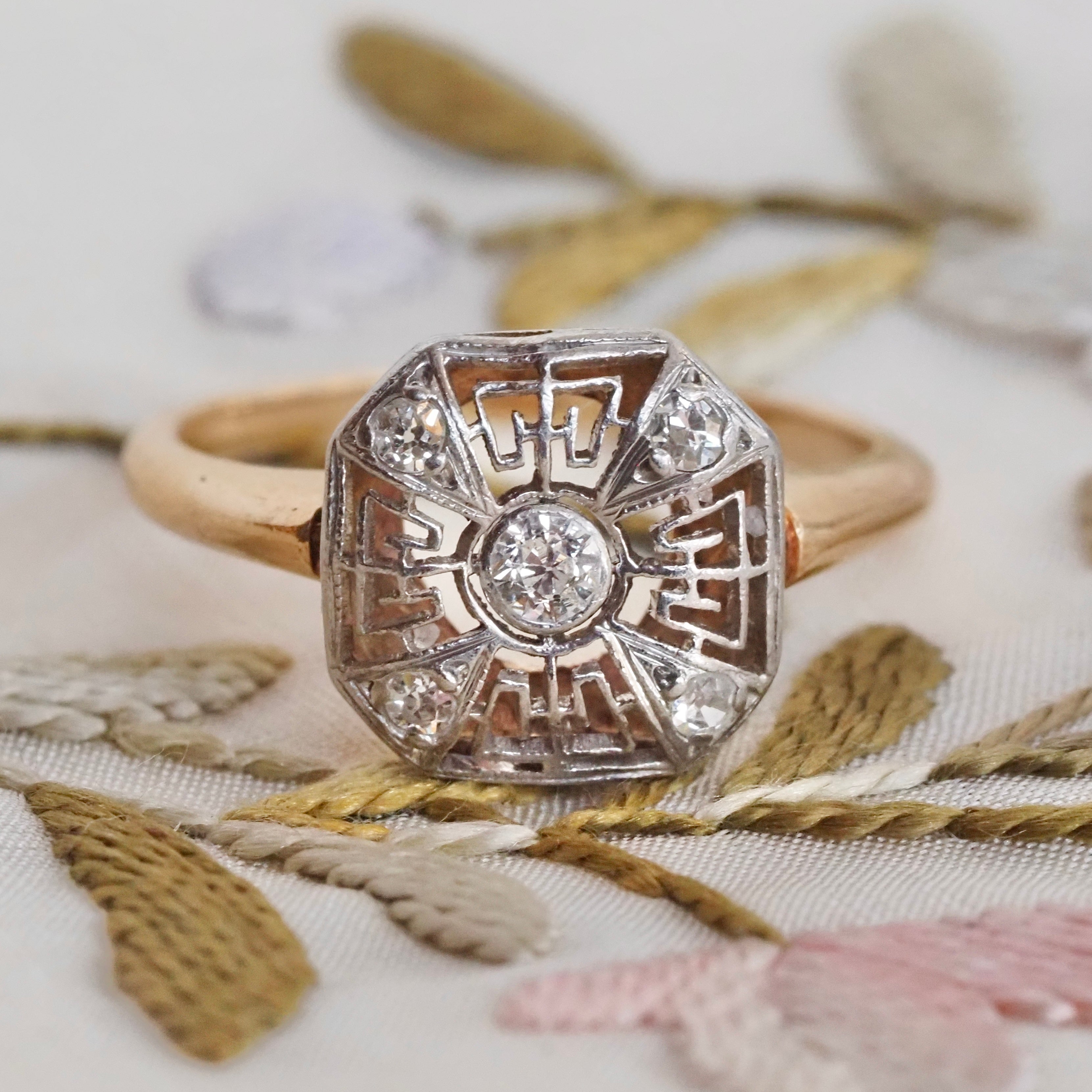 Art Deco Shield Diamond Platinum & 14k Gold Ring