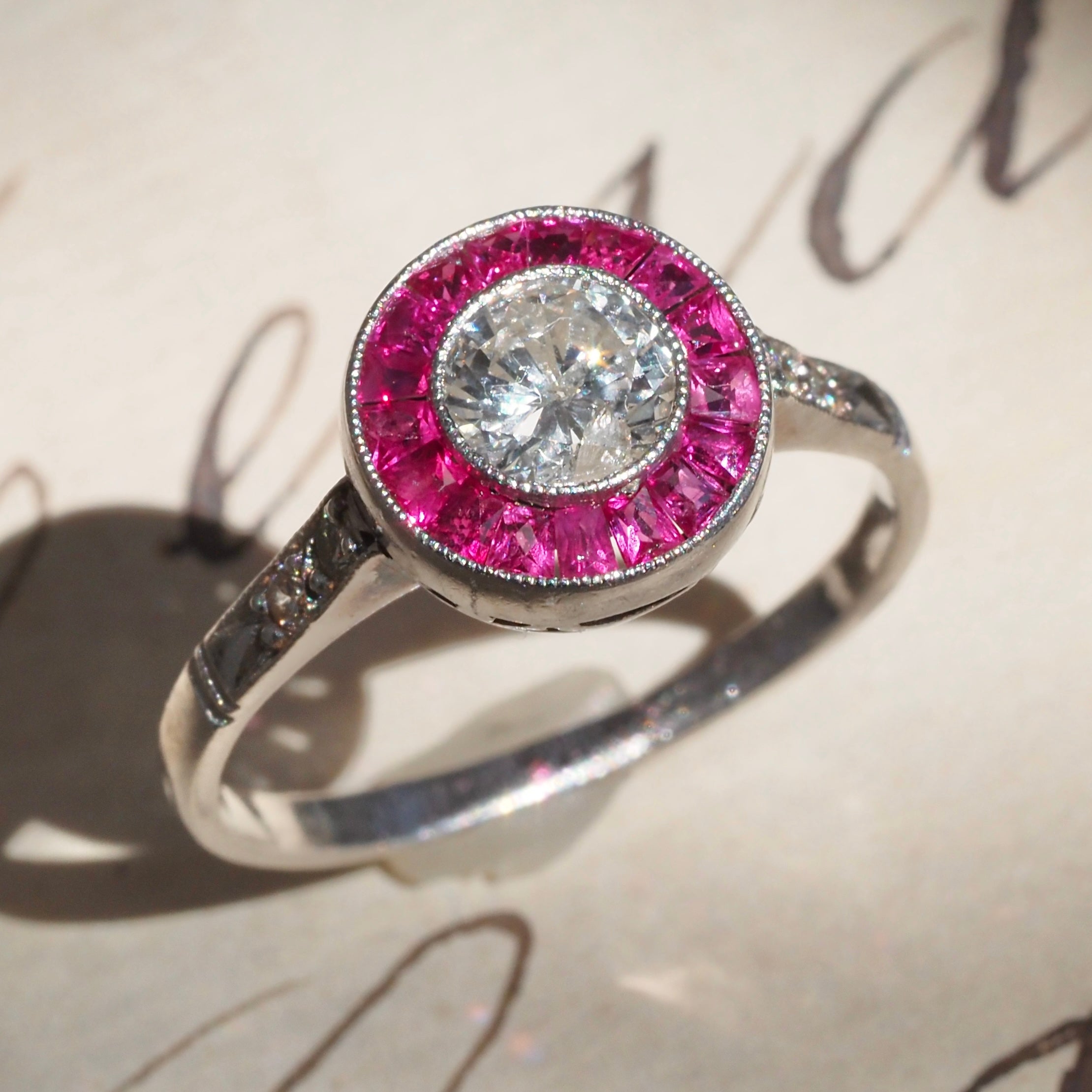 Vintage Art Deco Style French Cut Natural Ruby Diamond Platinum Target Ring