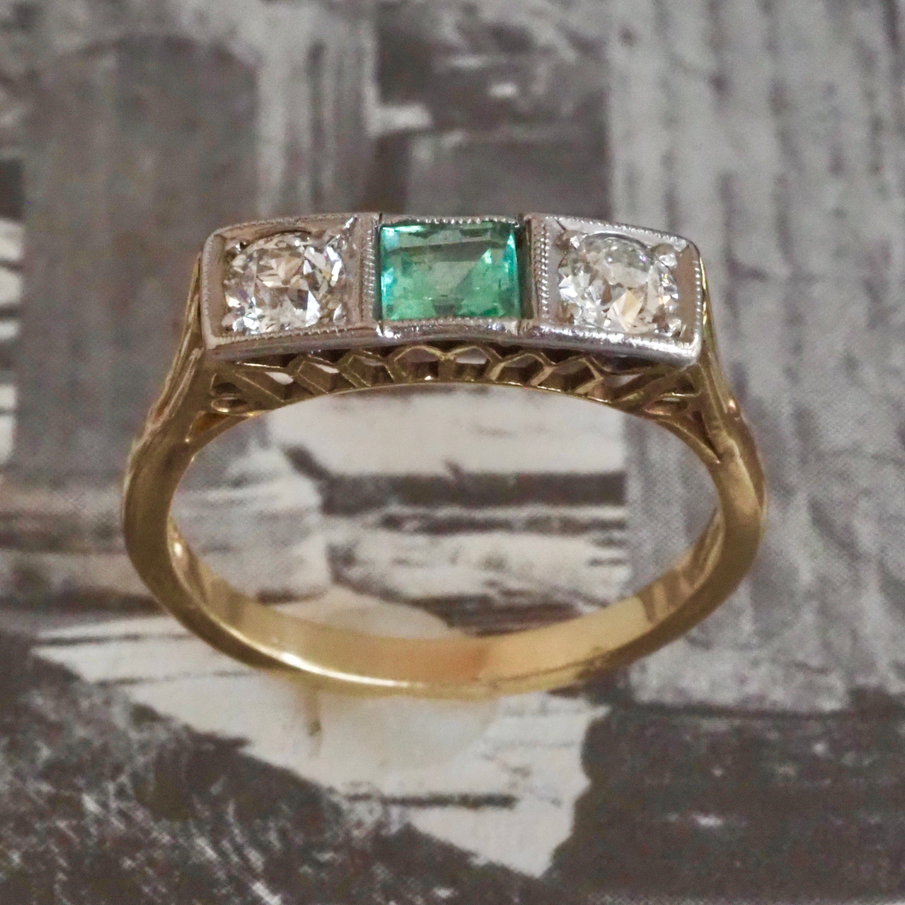Antique Art Deco Trilogy Emerald and Old European Cut Diamond 14k Gold Ring