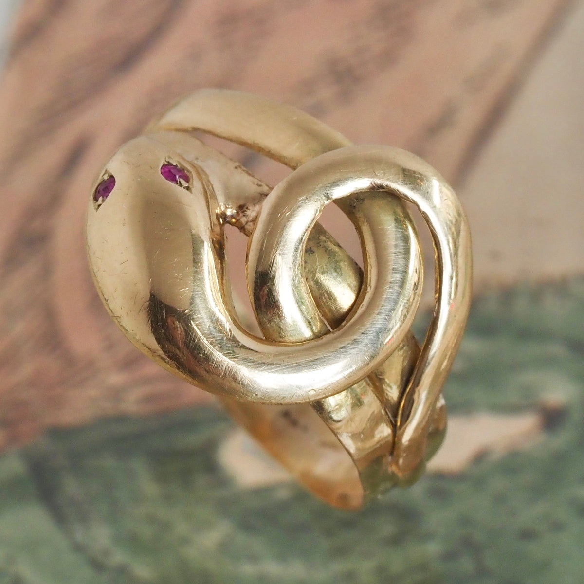 Antique French Snake Ring in 18k Gold with Ruby Eyes