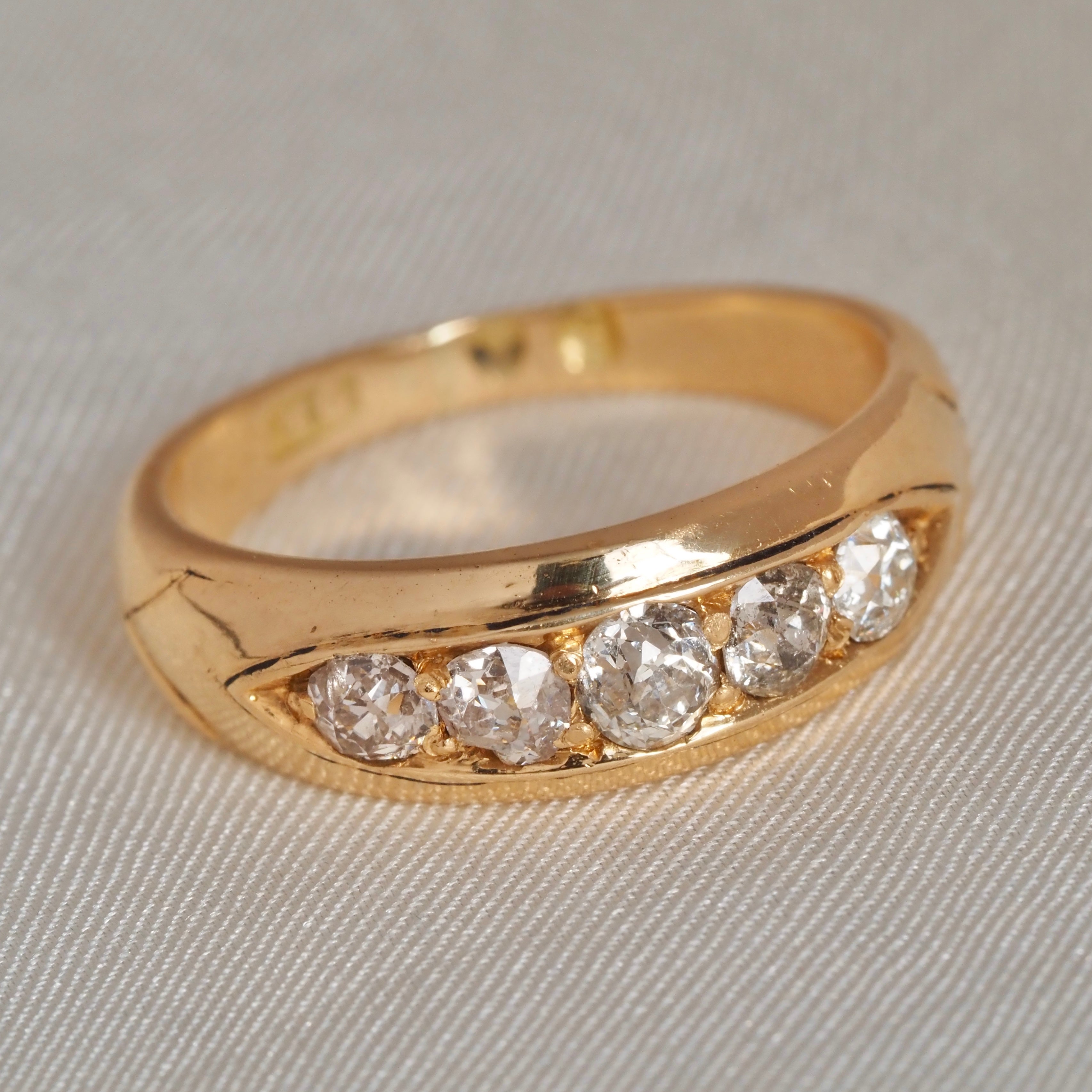 Midcentury c. 1951 English 18k Gold Old Mine Cut Diamond Five Stone Boat Engagement Ring