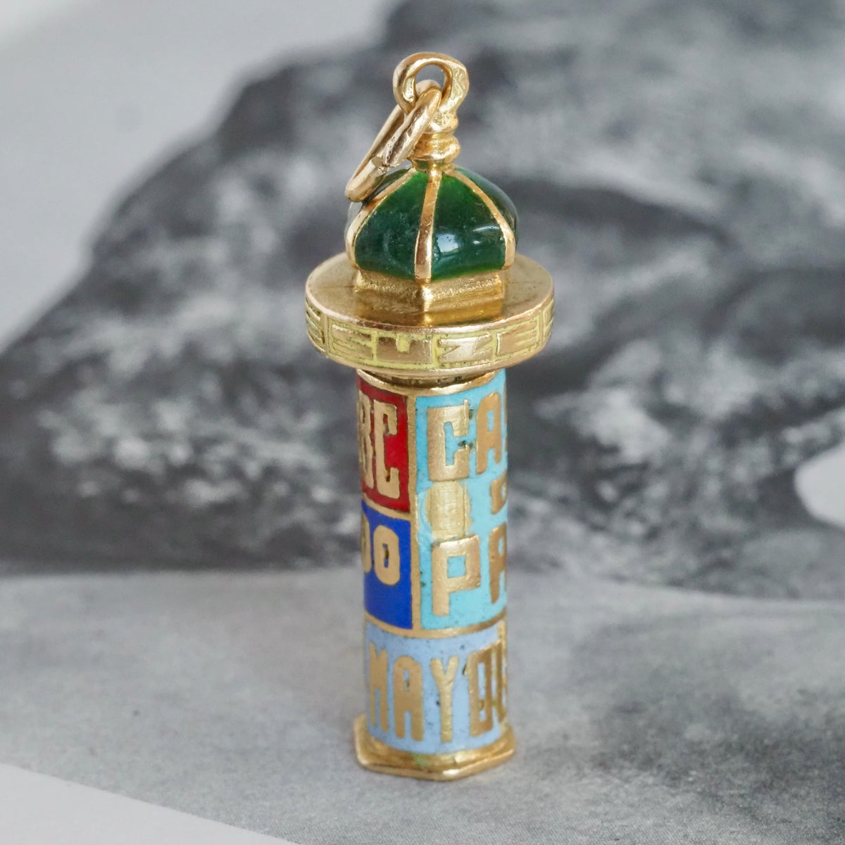 Vintage French Kiosque with Enamel Theater Posters 18k Gold Collectable Pendant