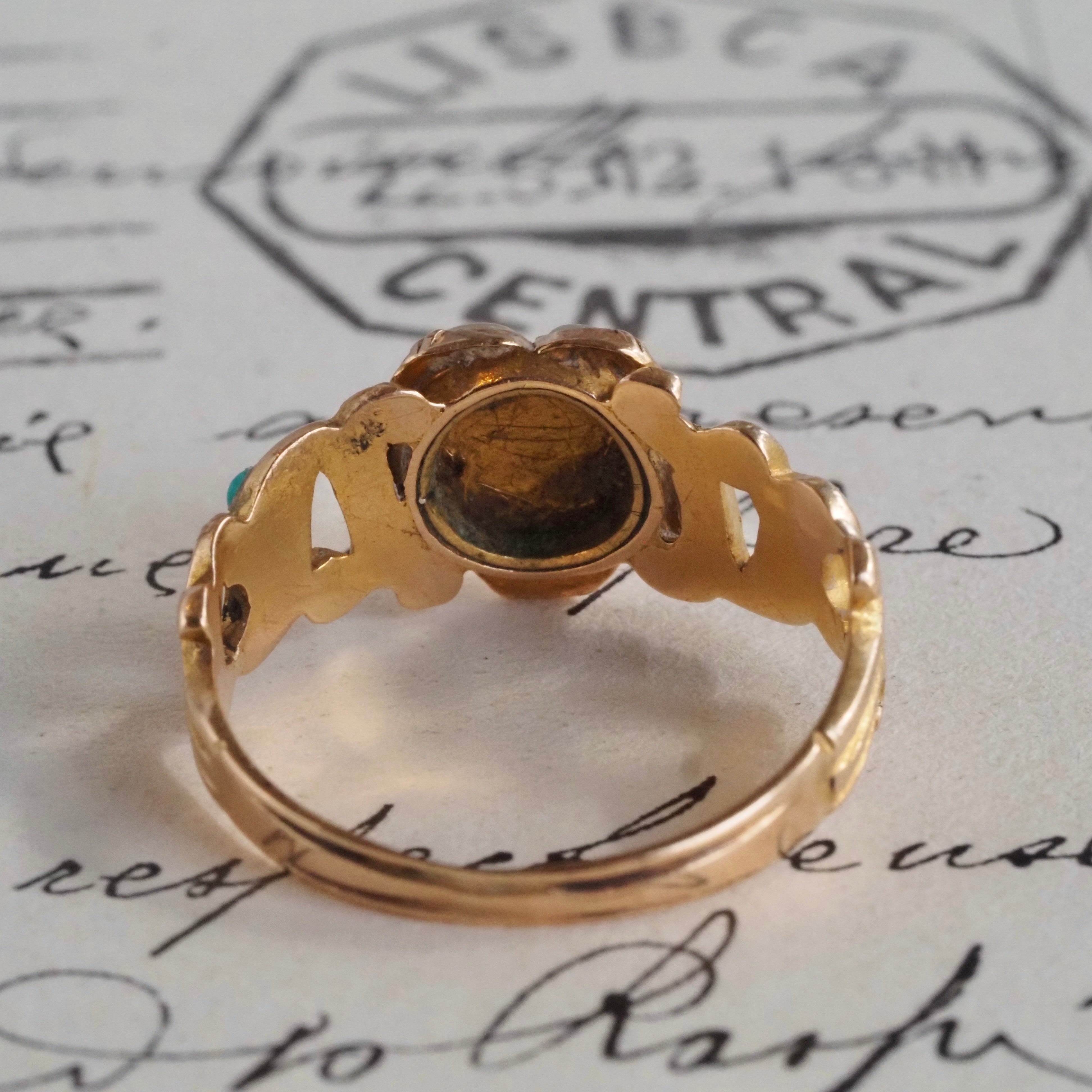 Antique Victorian Pearl Turquoise and Diamond Flower 14k Gold Ring