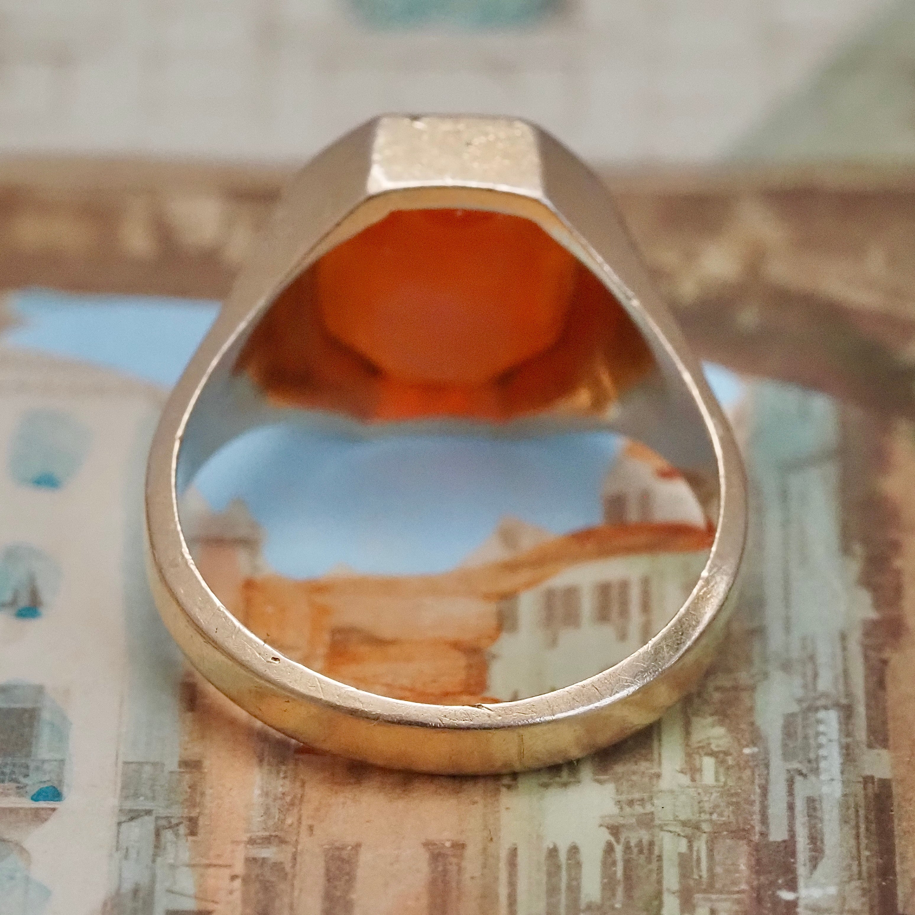 Antique Carnelian Intaglio Crest 14k Gold Signet Ring