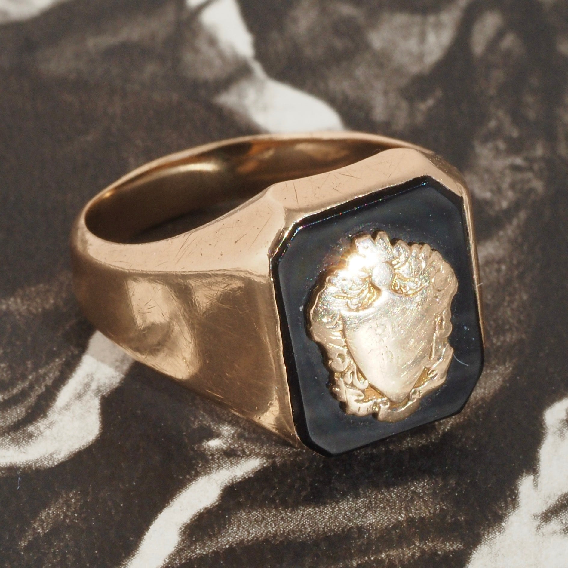 Antique Onyx Crest with Shield 10k Gold Signet Ring