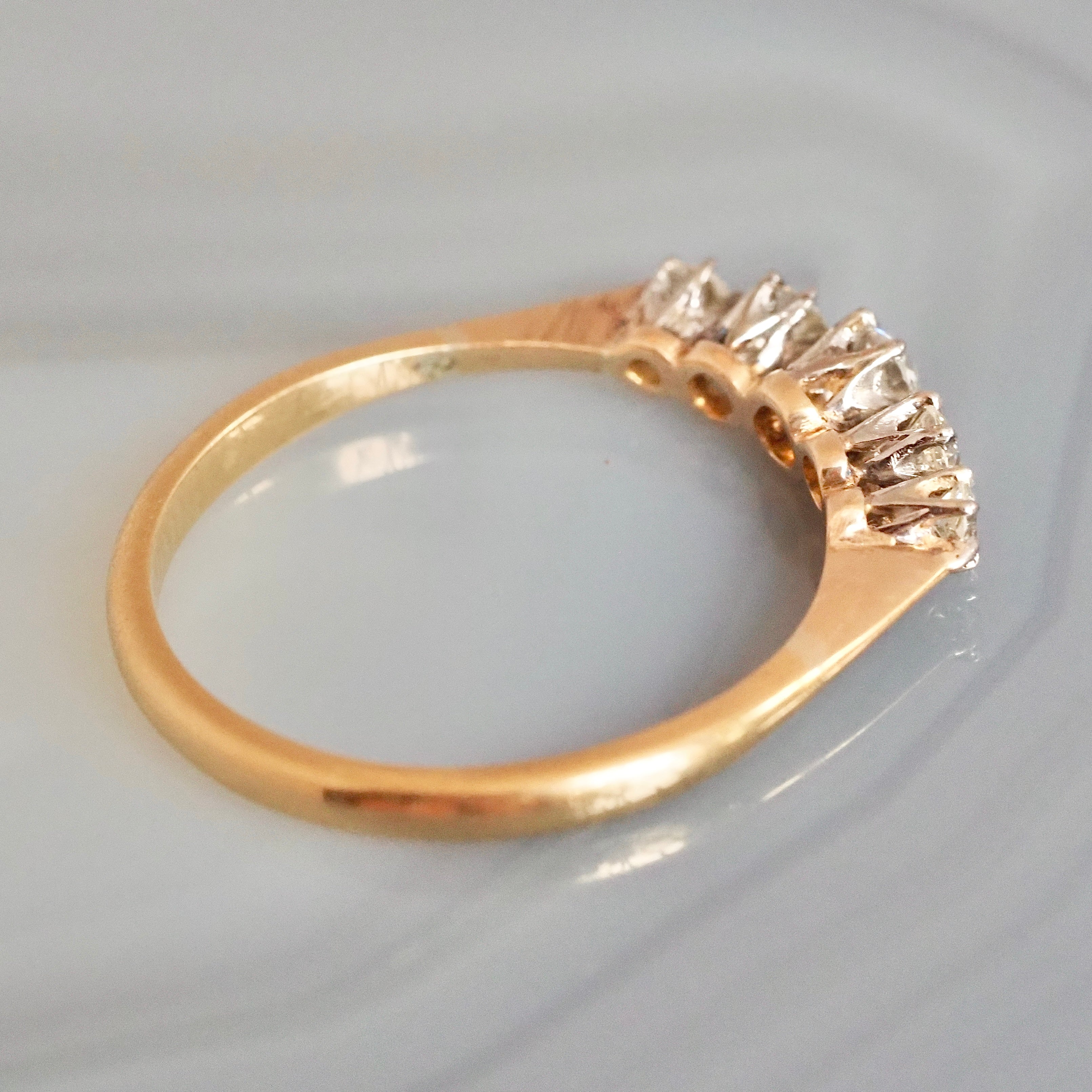 Antique English 18k Gold and Platinum Five Stone Old Mine Cut Diamond Ring