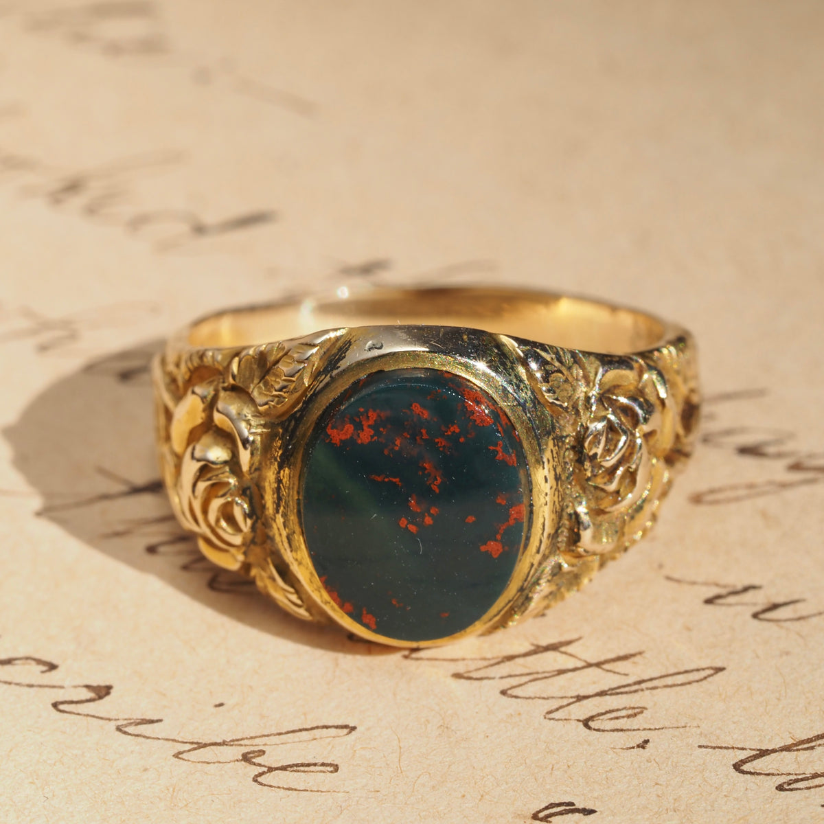 Antique Bloodstone and Roses 10k Gold Signet Ring
