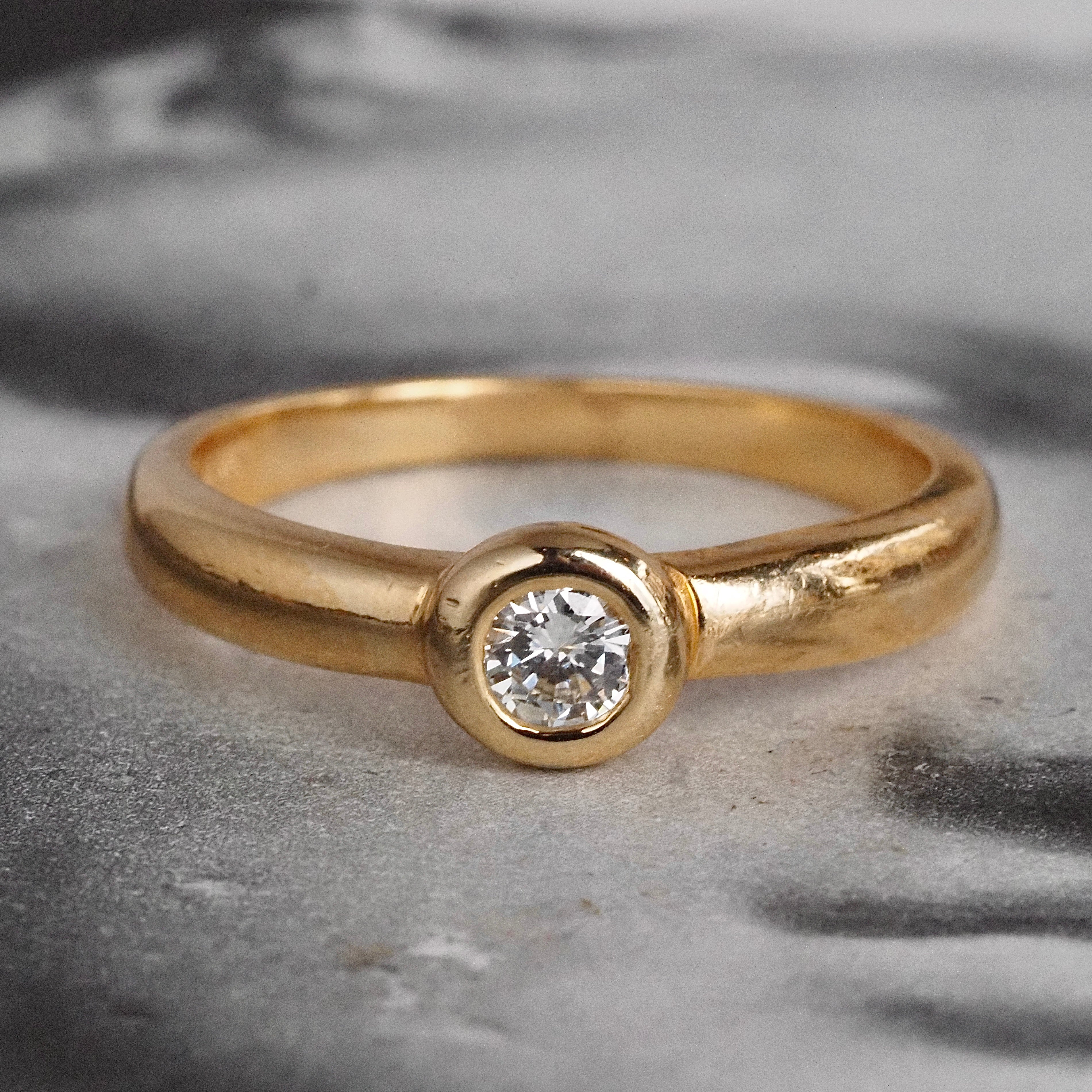 Vintage Round Brilliant Cut Diamond 14k Gold Bezel Set Solitaire Engagement Ring