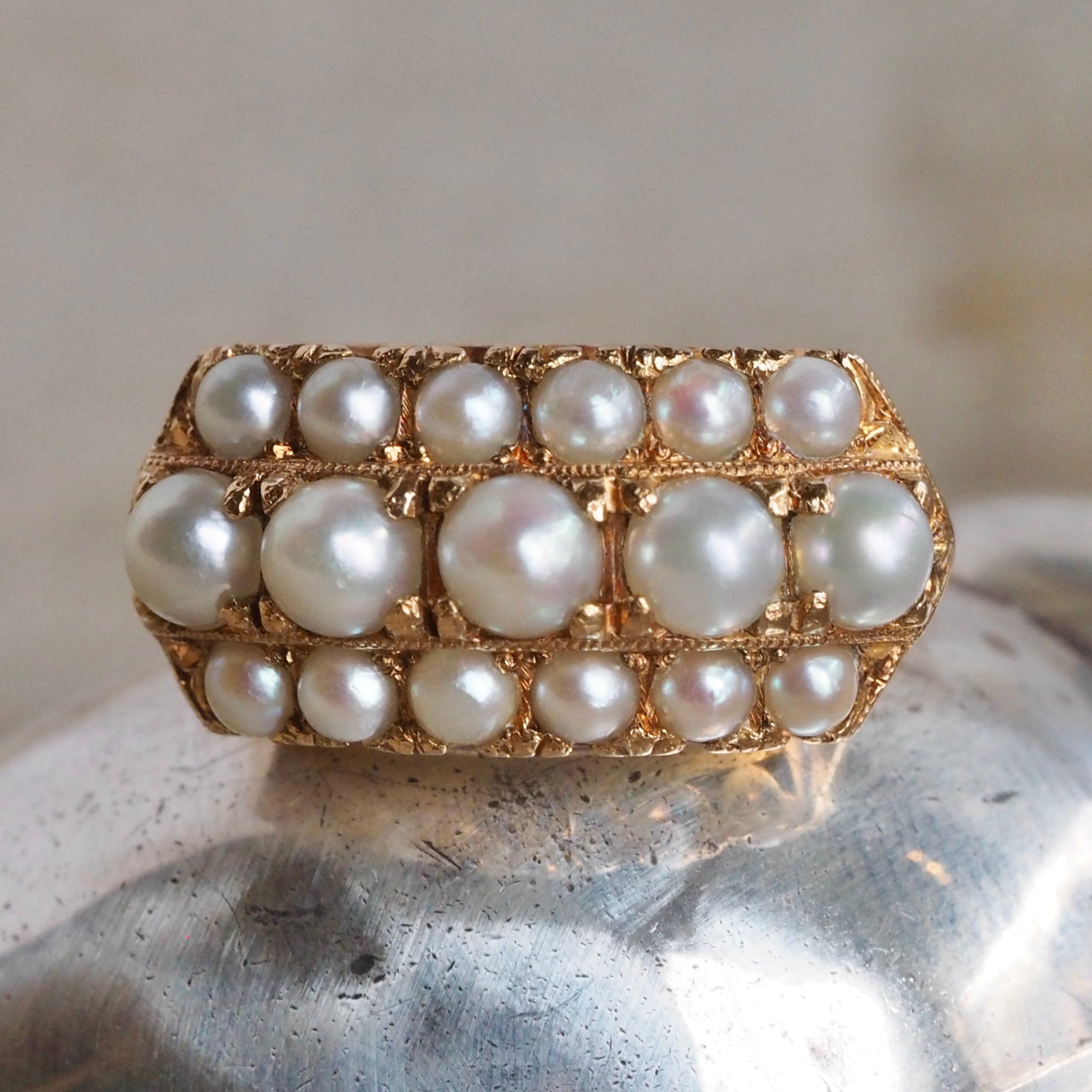 Vintage Greek 18k Gold Triple Row Pearl Ring