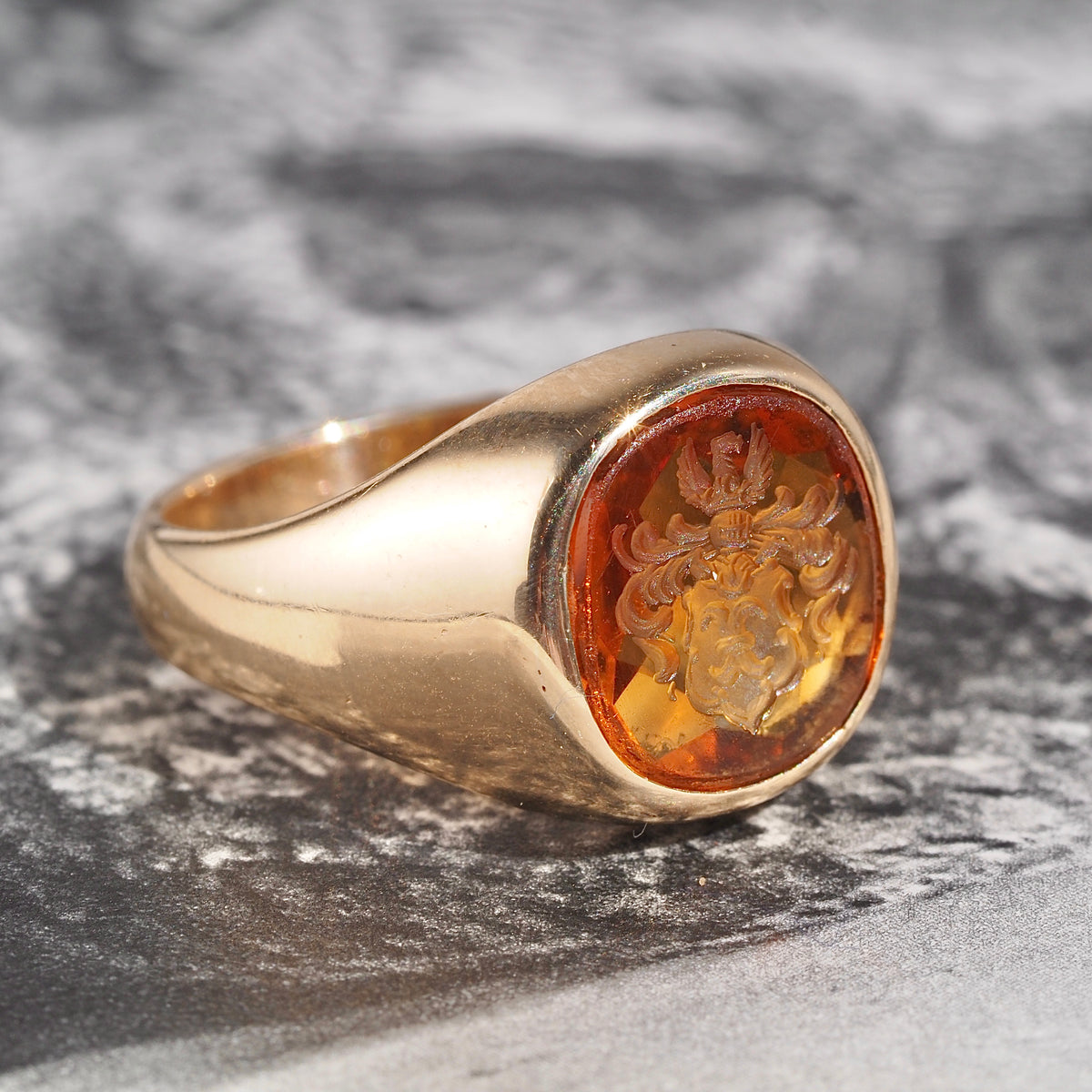 Vintage Citrine Crest Intaglio 14k Gold Signet Ring