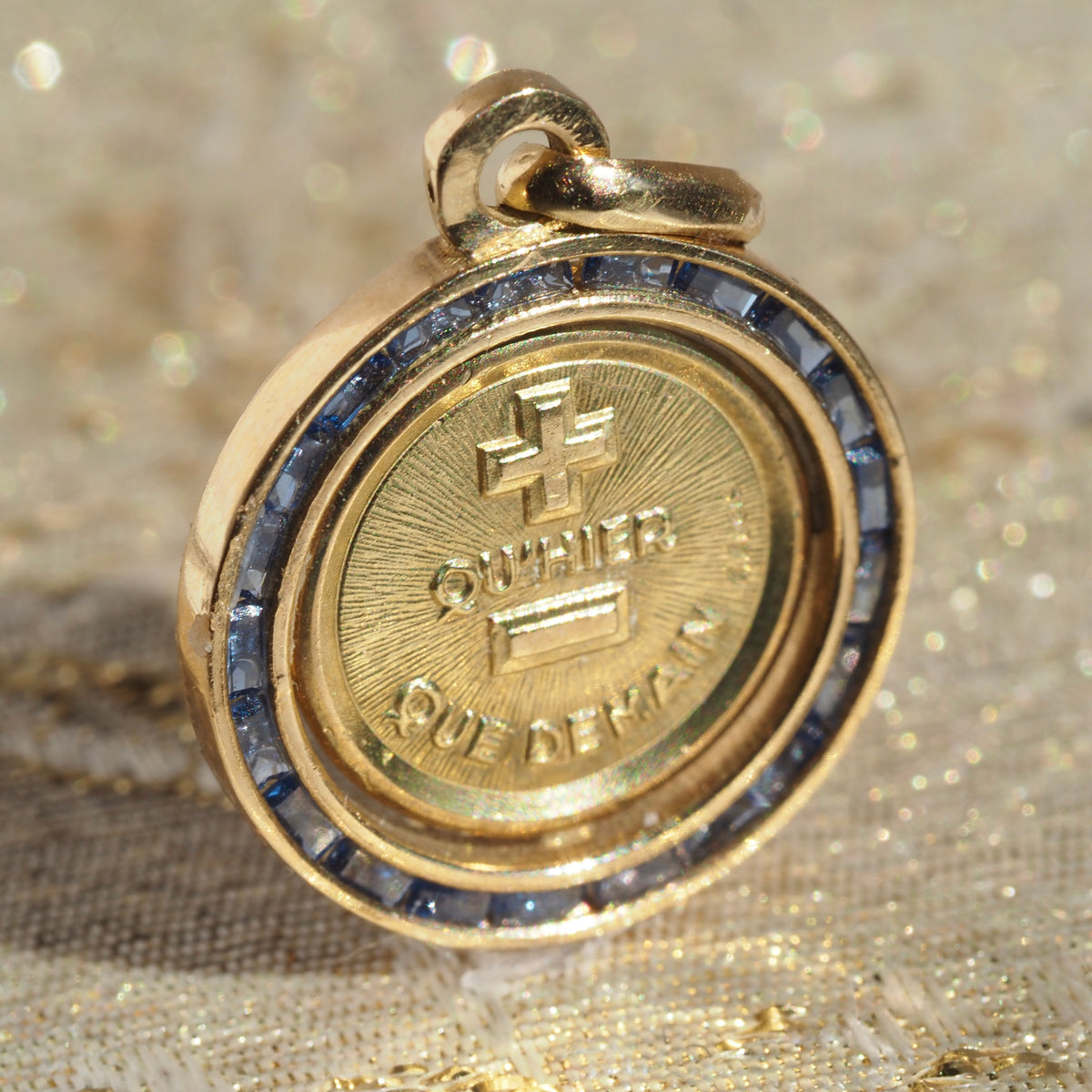 Vintage Sapphire Augis Love Medallion 18k Gold Charm