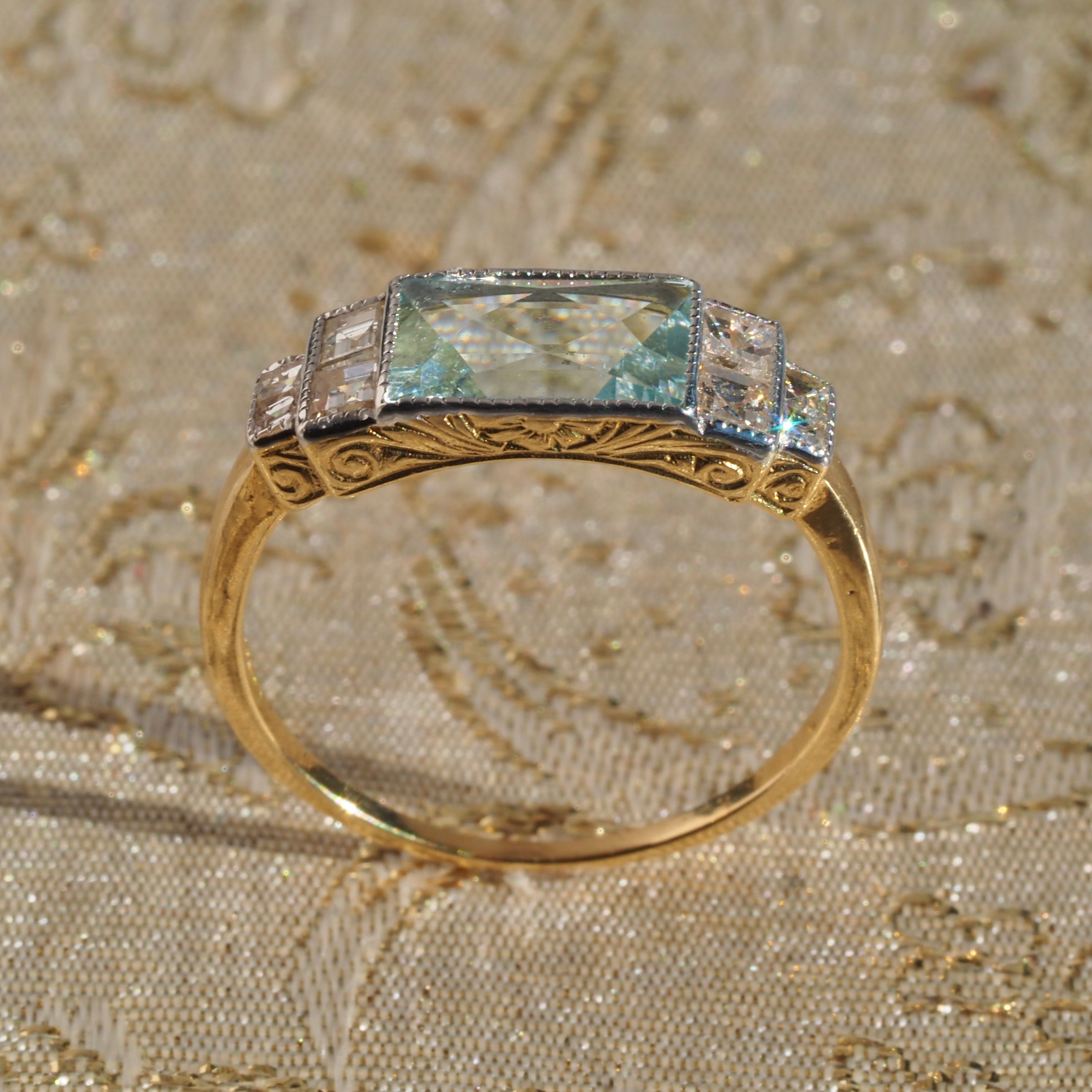 Antique Art Deco English Aquamarine Diamond 18k Gold and Platinum Ring