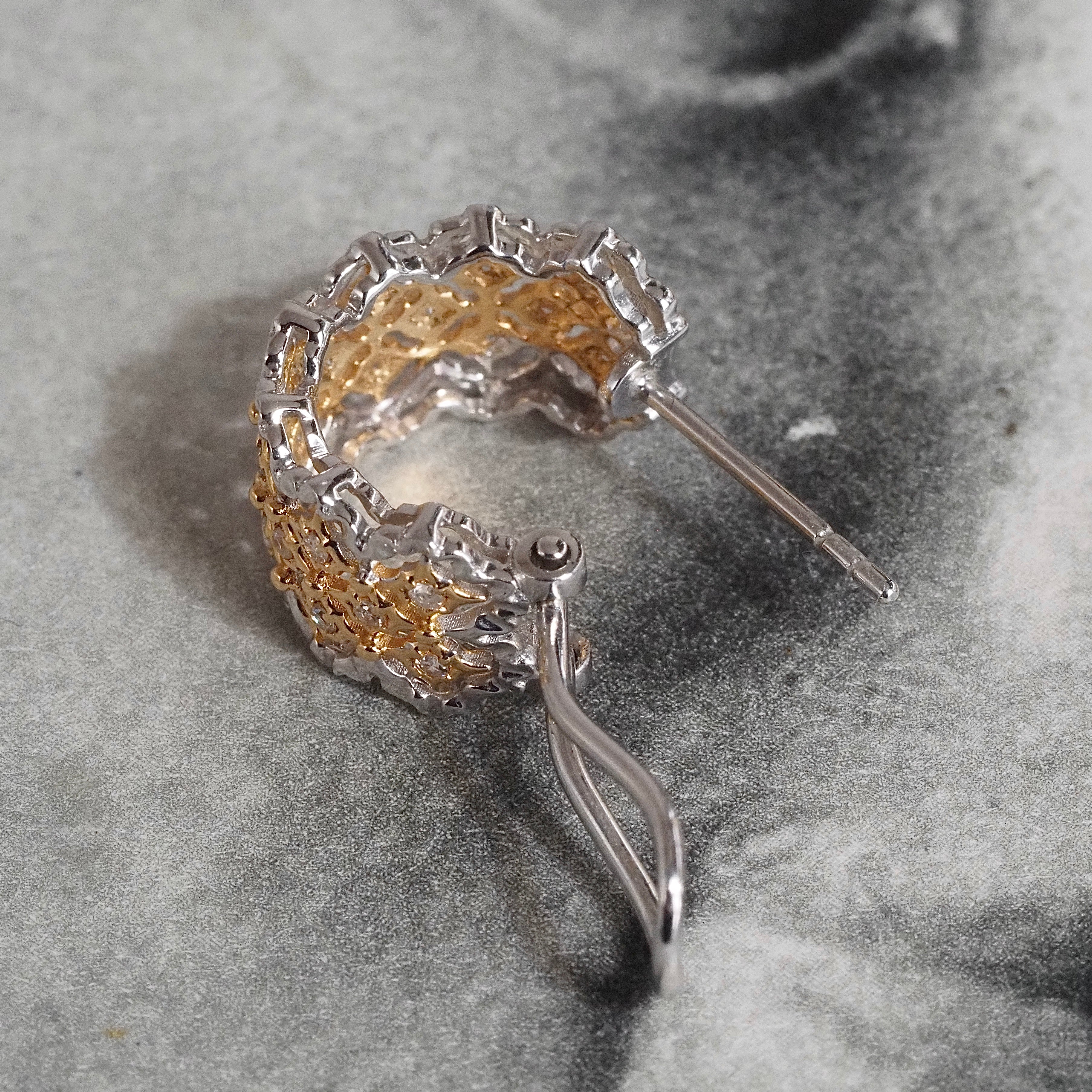 Vintage Diamond Lacey 18k White and Yellow Gold Huggie Hoop Earrings