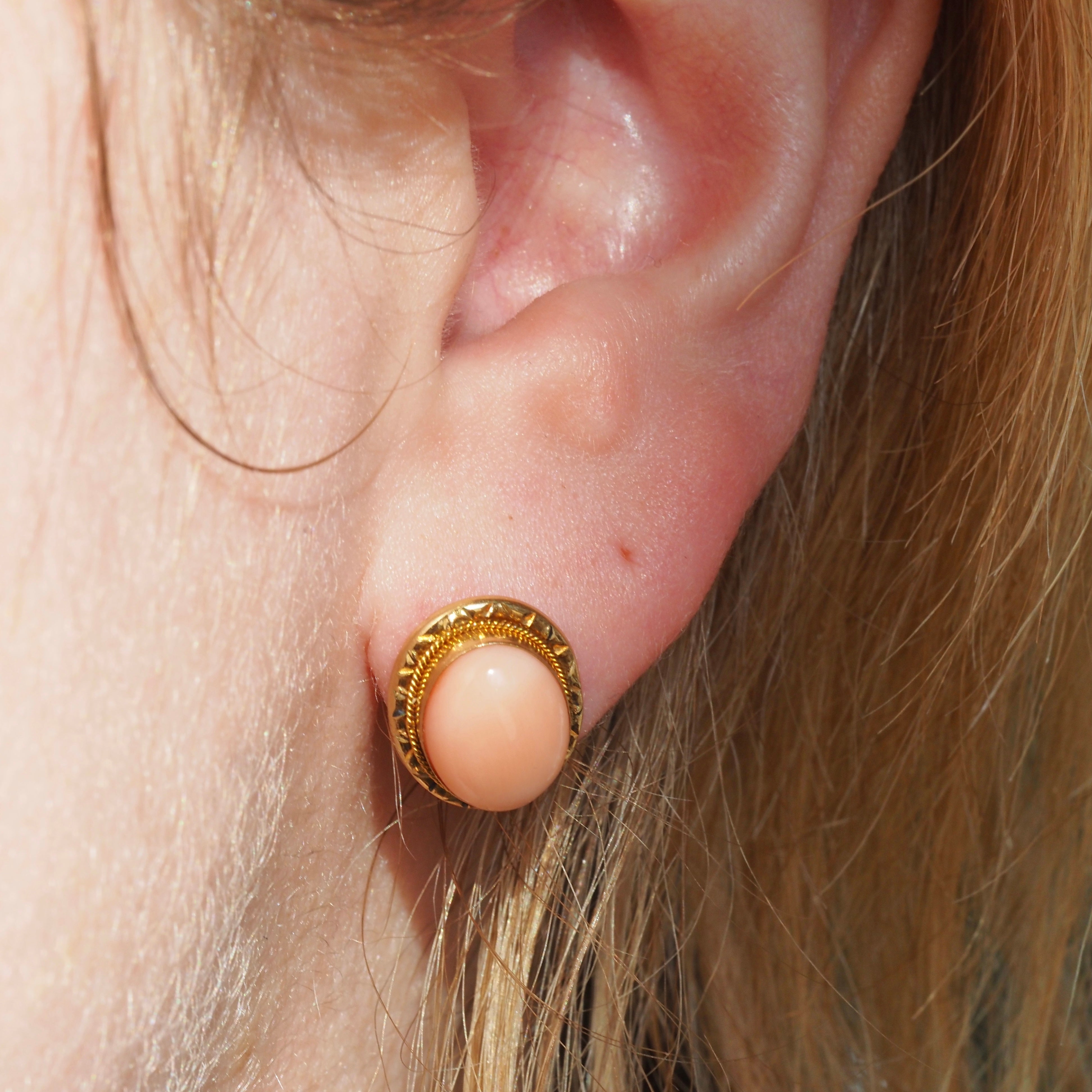 Vintage Bezel Set Coral 18k Gold Studs