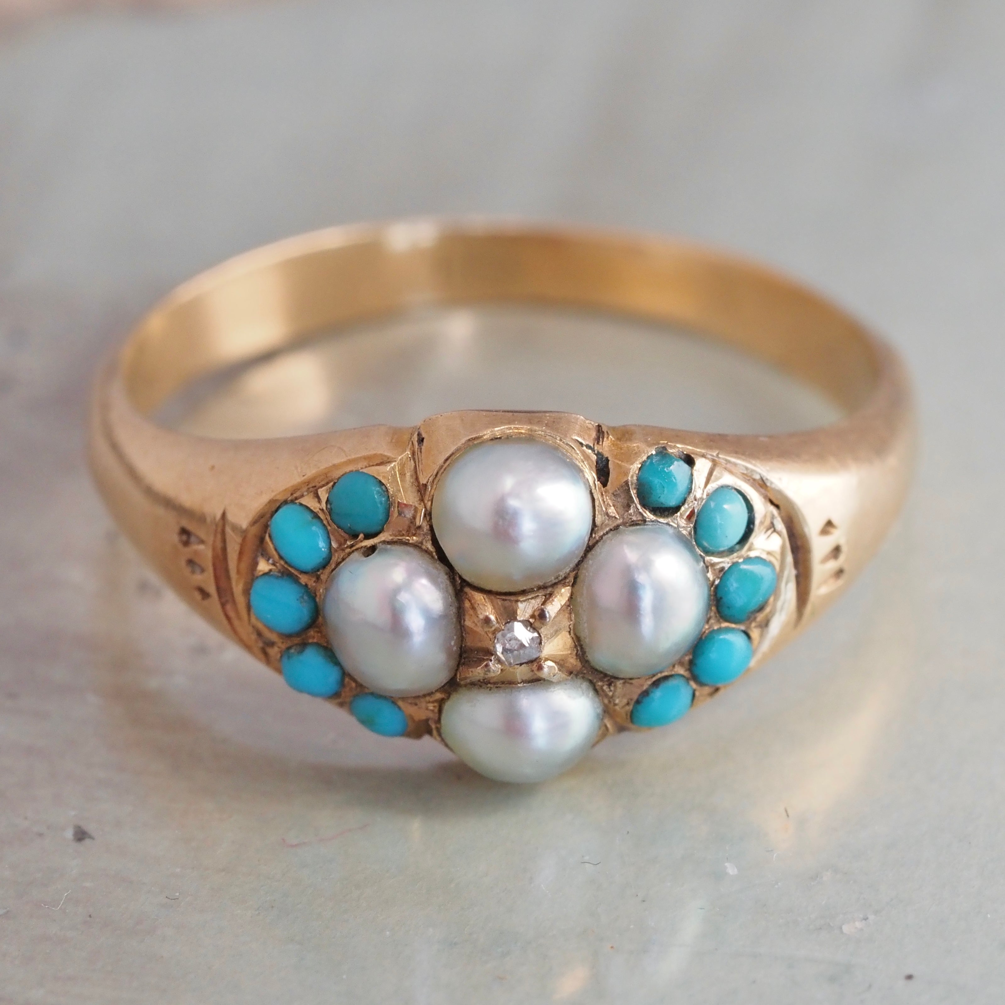 Antique Victorian English 18k Gold Rose Cut Diamond, Natural Pearls and Turquoise Ring