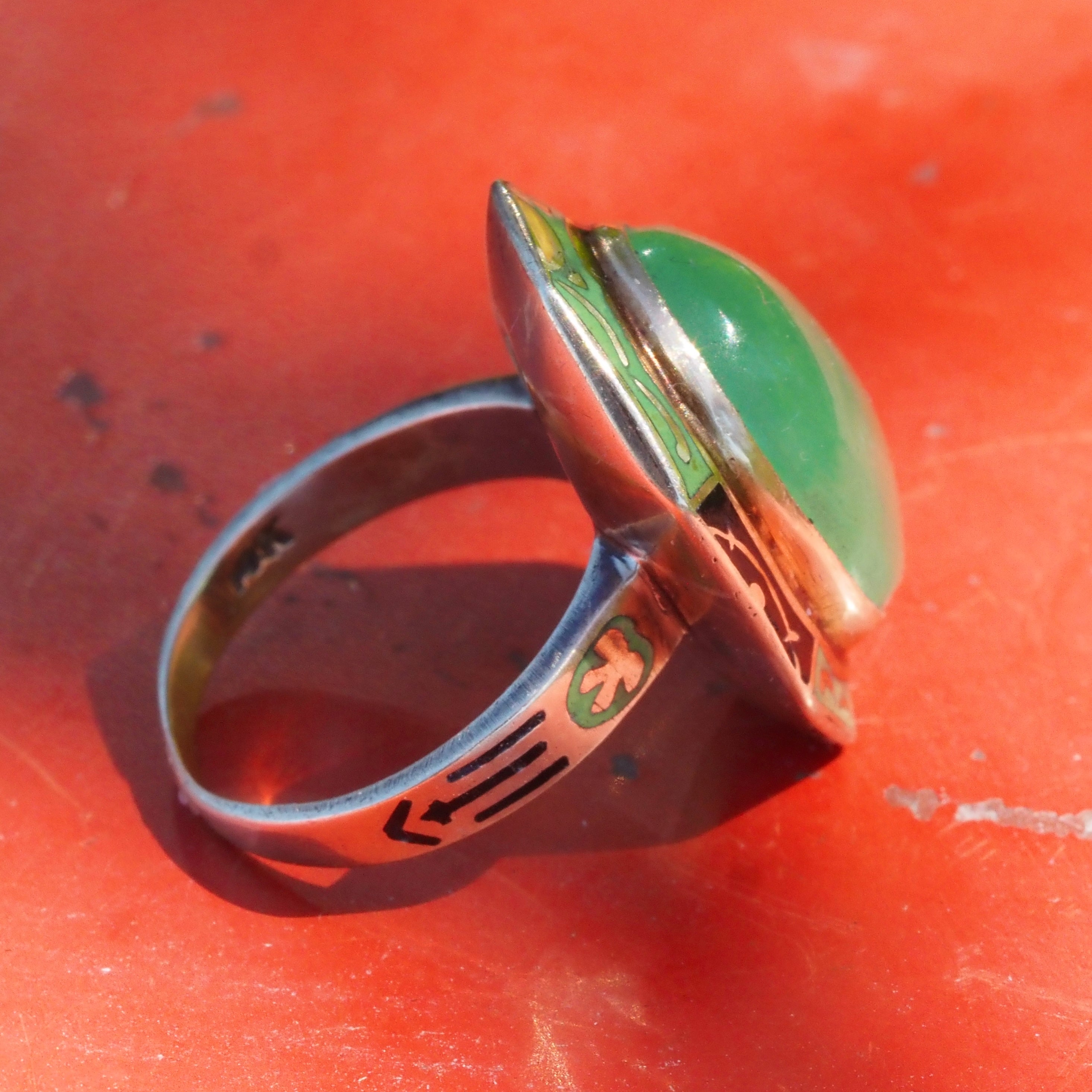 Antique Art Deco Jade and Enamel 14k Gold Ring