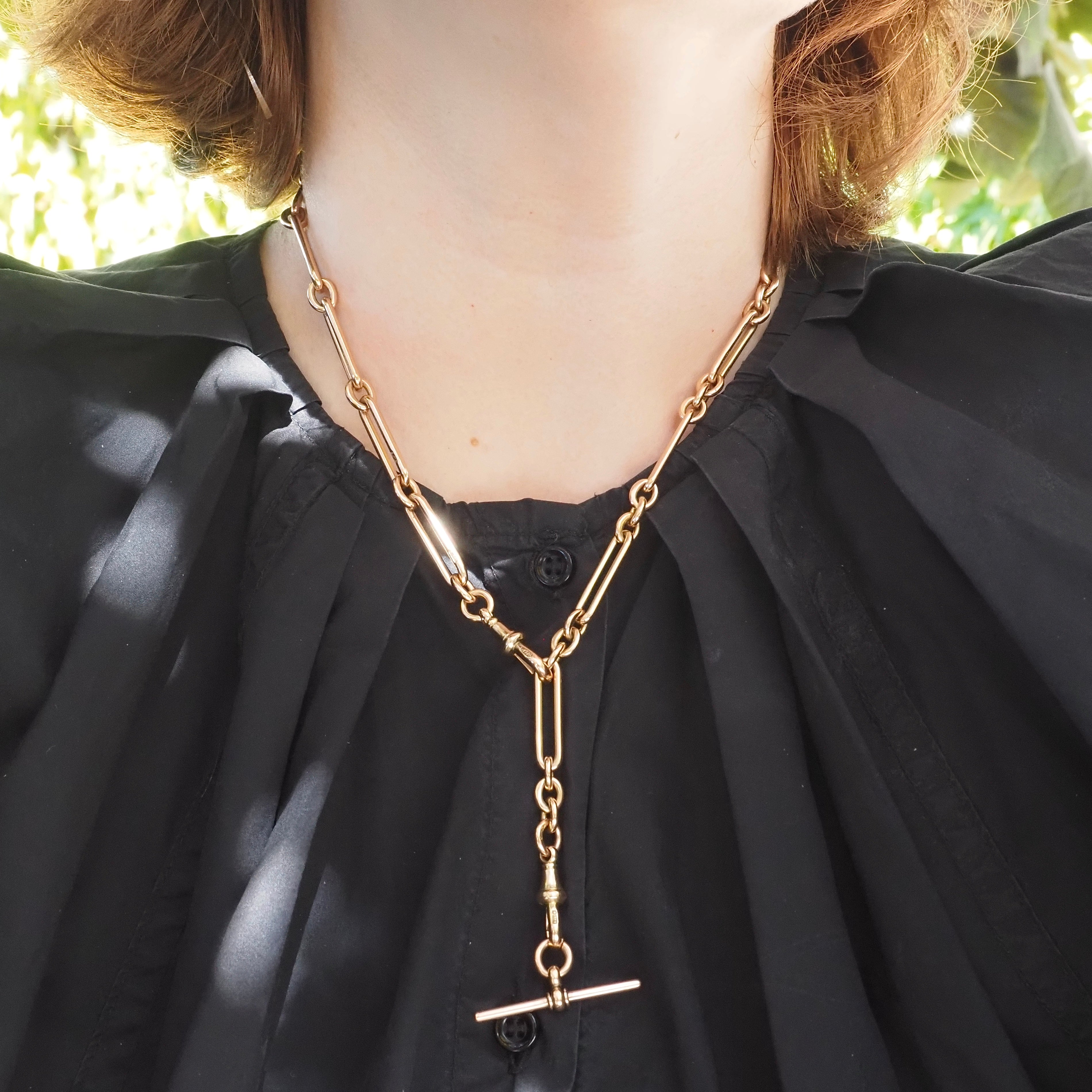 Antique c. 1901 English 9k Gold Trombone Link Albert Watch Chain Necklace with T-Bar and Dog Clips