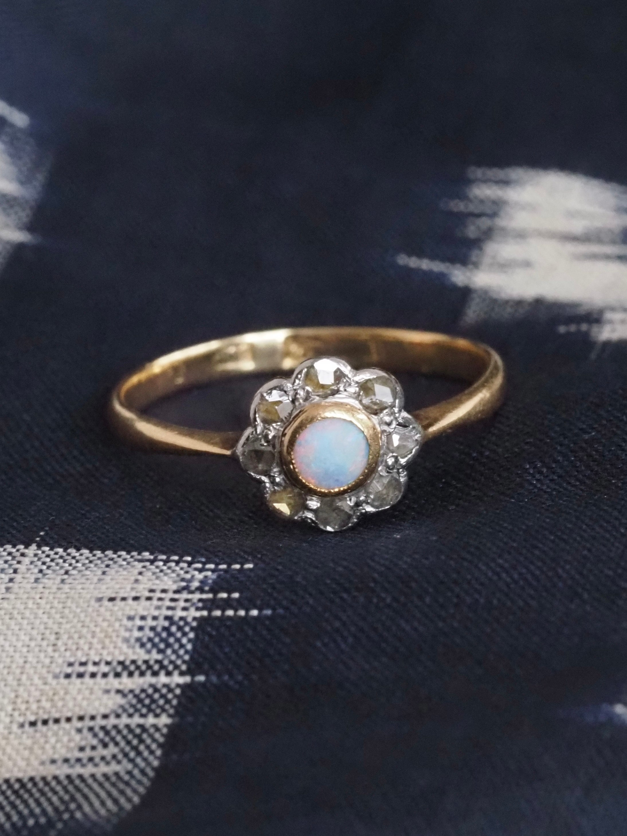 Antique English 18k Gold Opal & Rose Cut Diamond Halo Ring