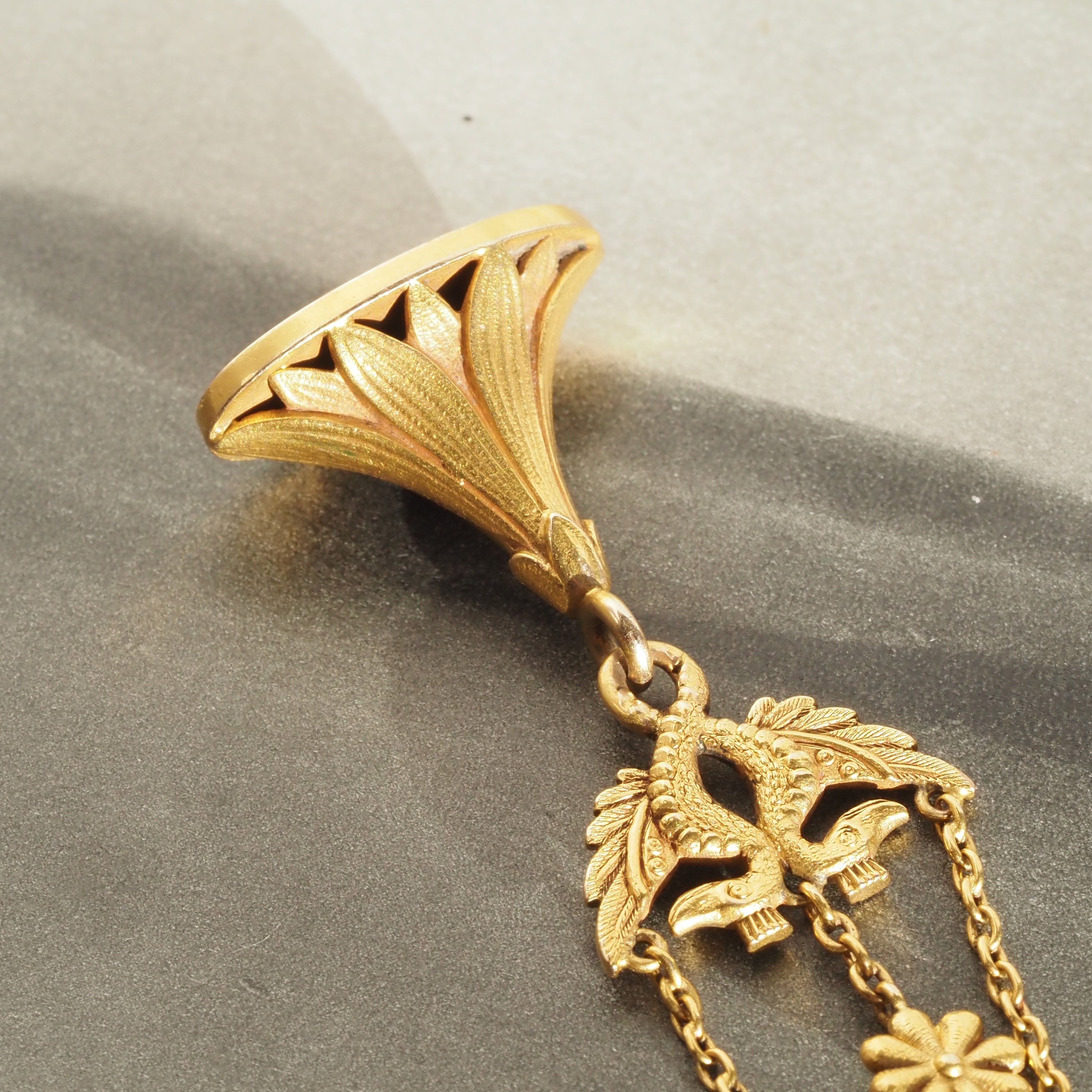 Antique Victorian Egyptian Revival Bloomed 14k Gold Floral Figurative Fob with Dog Clip