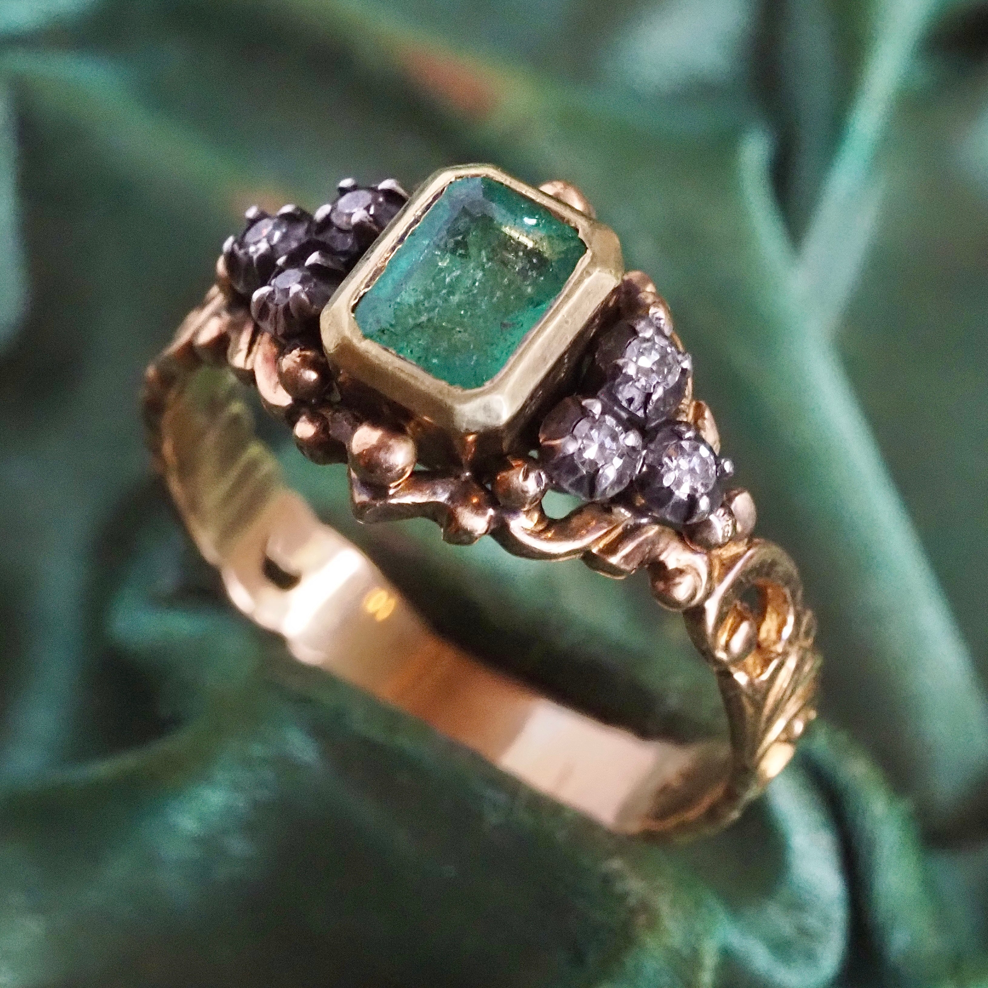 Vintage Victorian Style Emerald and Diamond 18k Gold and Silver Ring