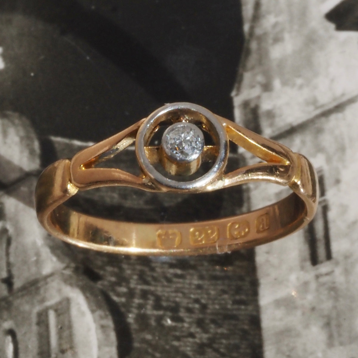 Antique c. 1900 English Bullseye Old Mine Cut Diamond 22k Gold and Platinum Ring