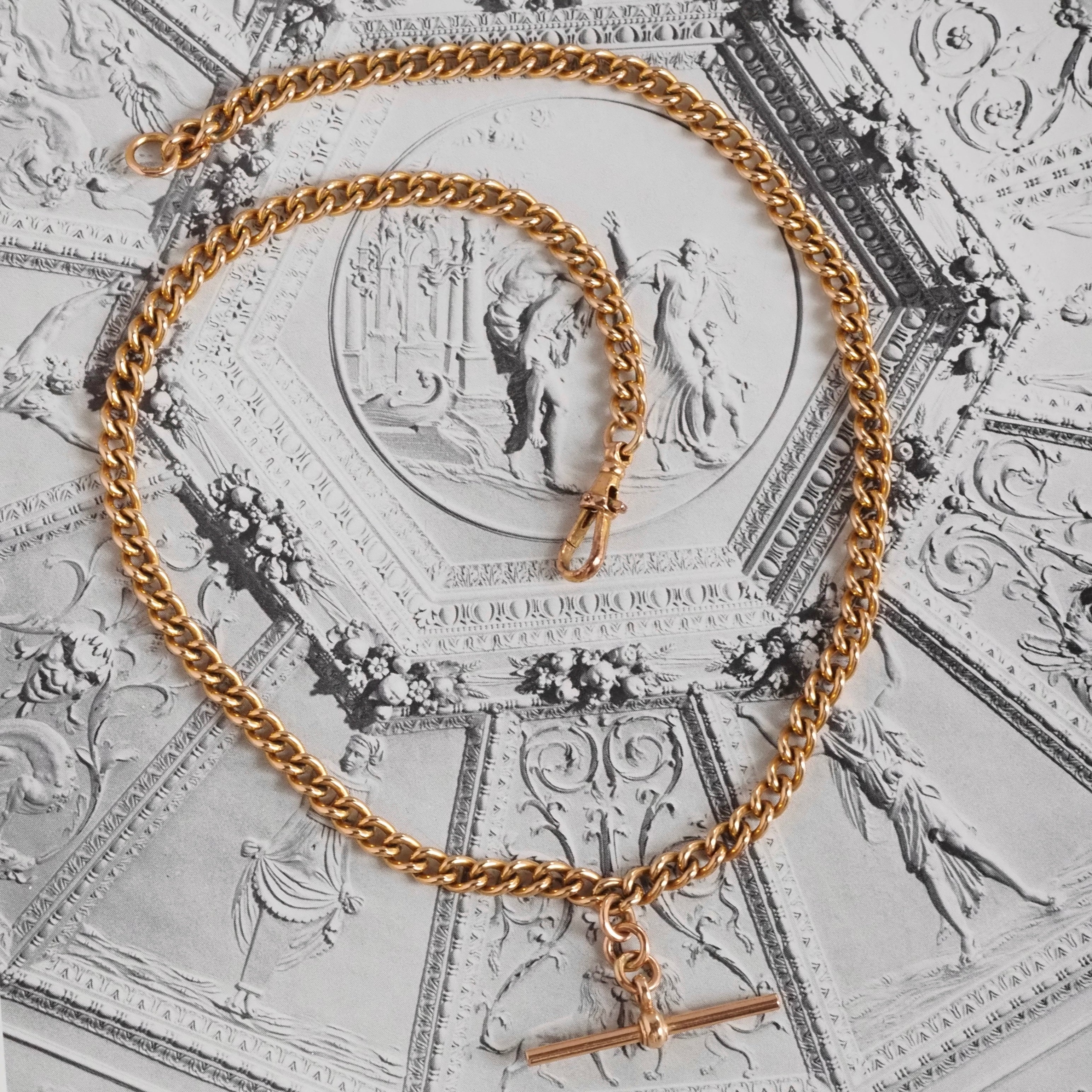Vintage English 9k Gold Albert Chain Necklace with T Bar and Dog Clip