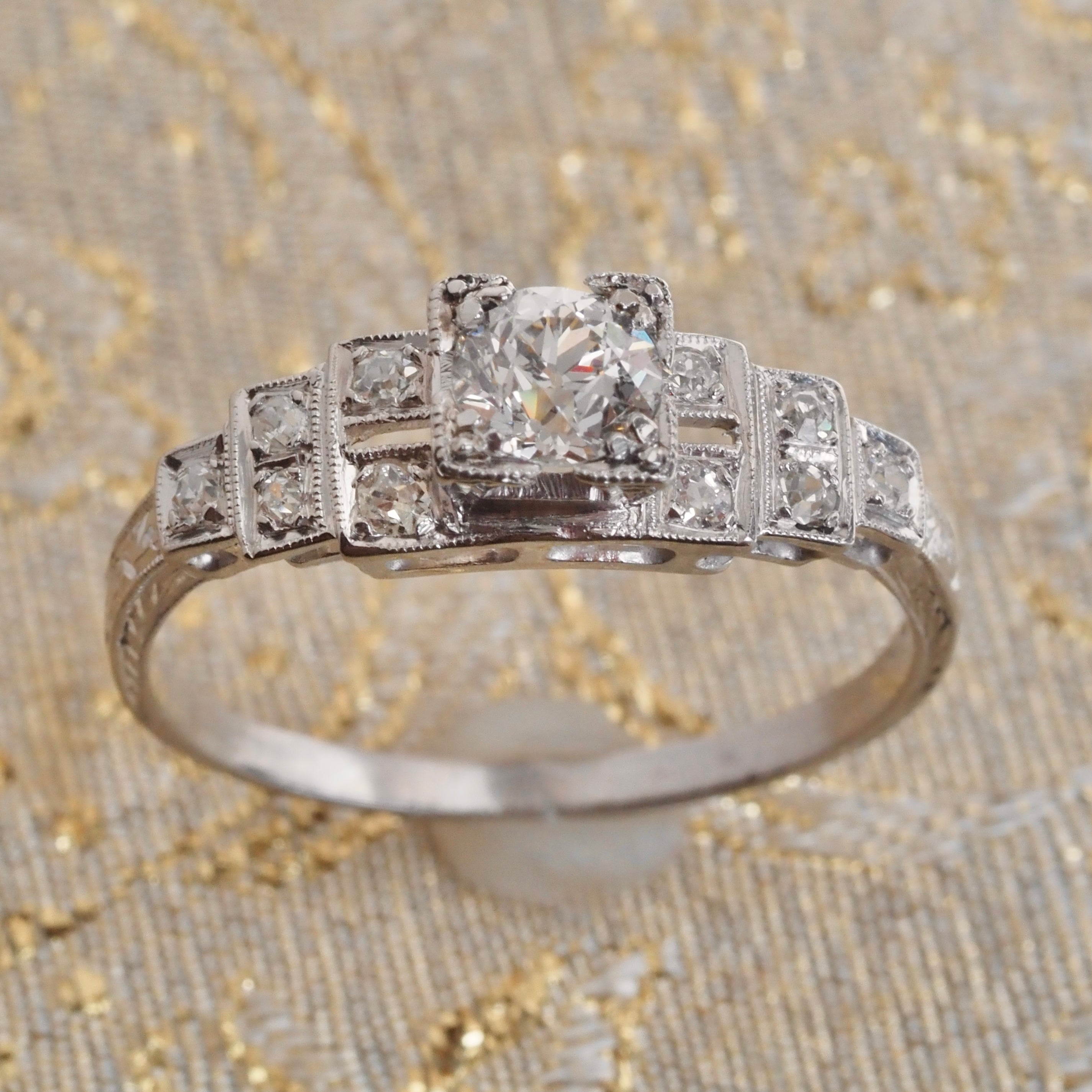Art Deco Platinum Step Old European Cut Diamond Engagement Ring