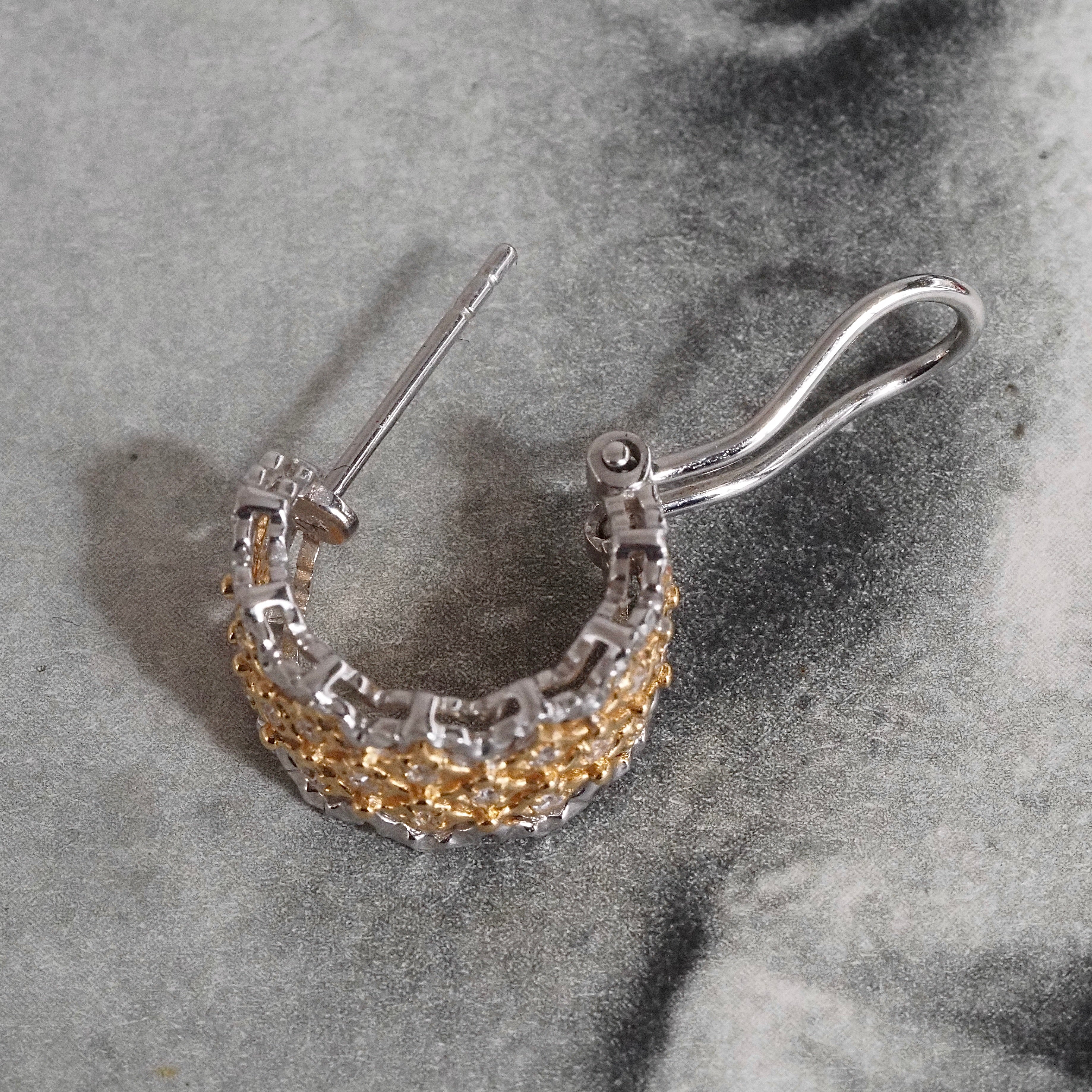 Vintage Diamond Lacey 18k White and Yellow Gold Huggie Hoop Earrings
