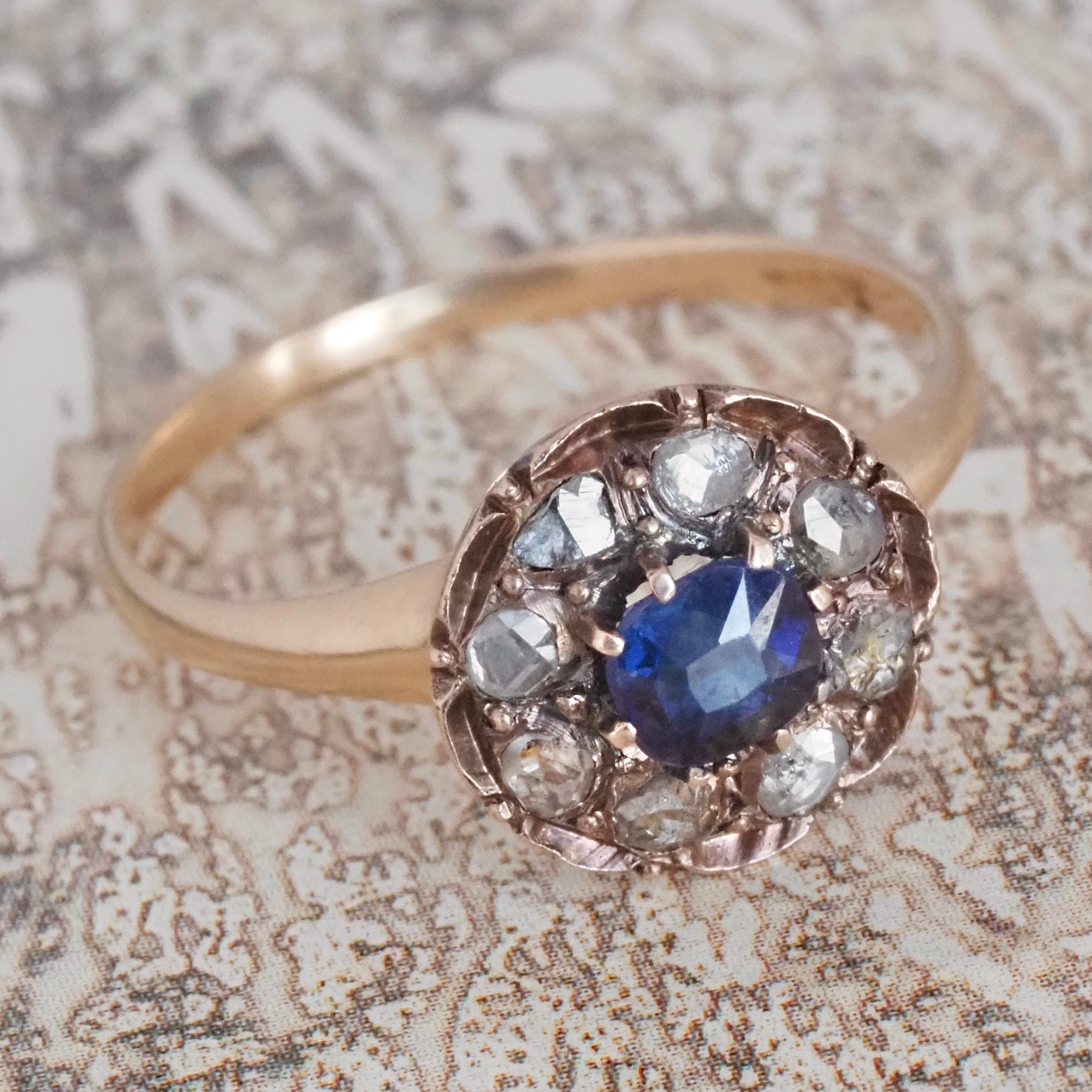 Antique Victorian Natural Sapphire and Rose Cut Diamond Halo 14k Gold Ring