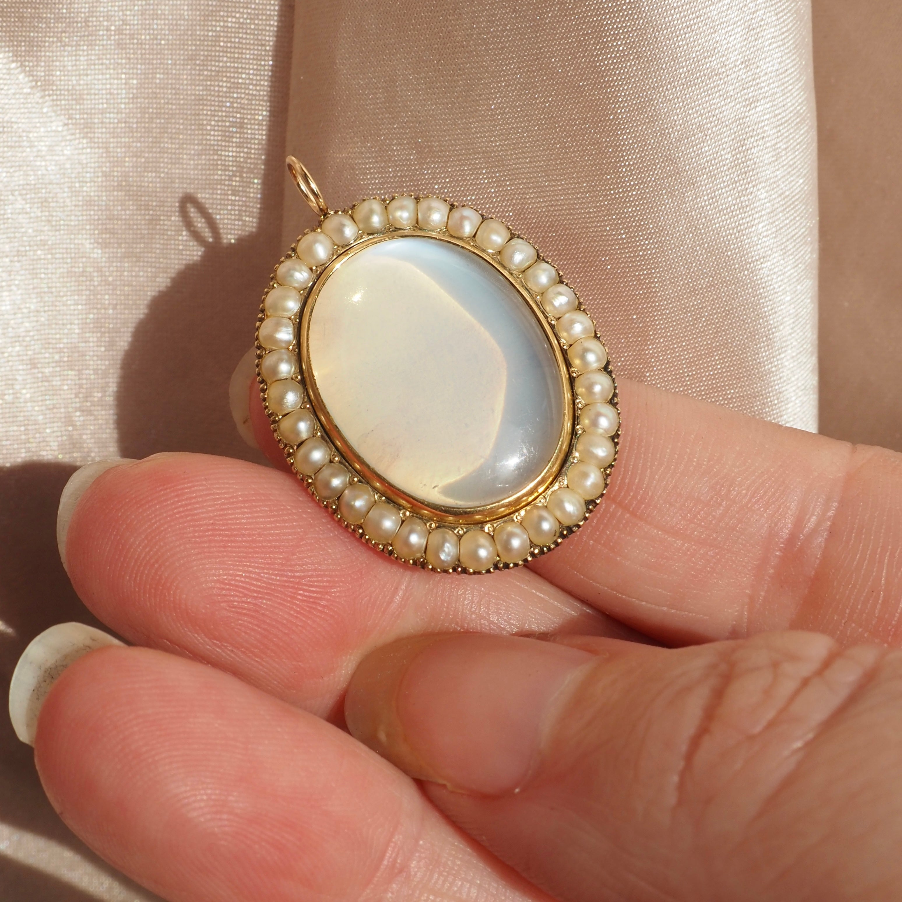 Antique Early Victorian ~1840s Moonstone & Pearl 14k Gold Pendant