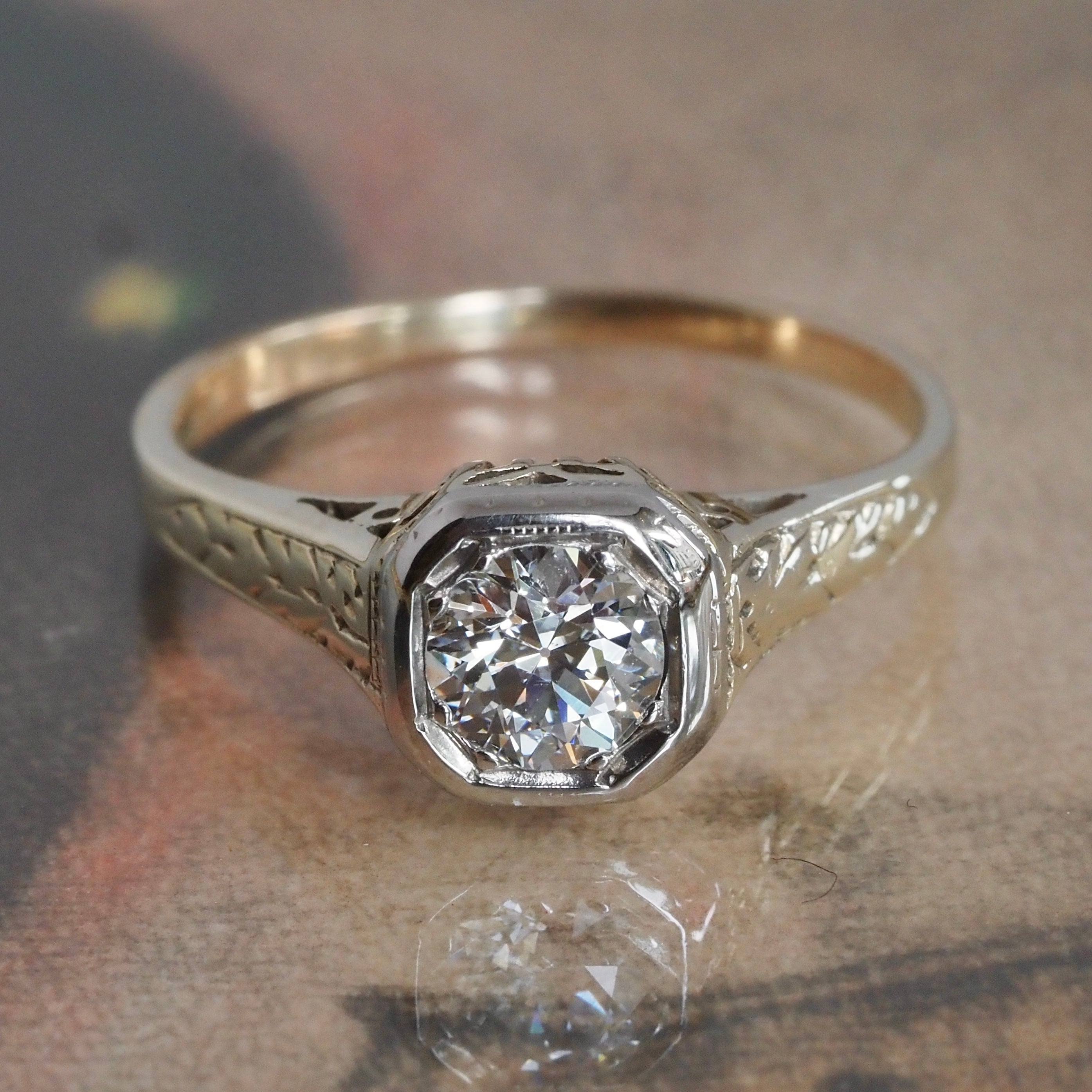 Antique Art Deco Old European Cut Diamond 14k Gold Engagement Ring