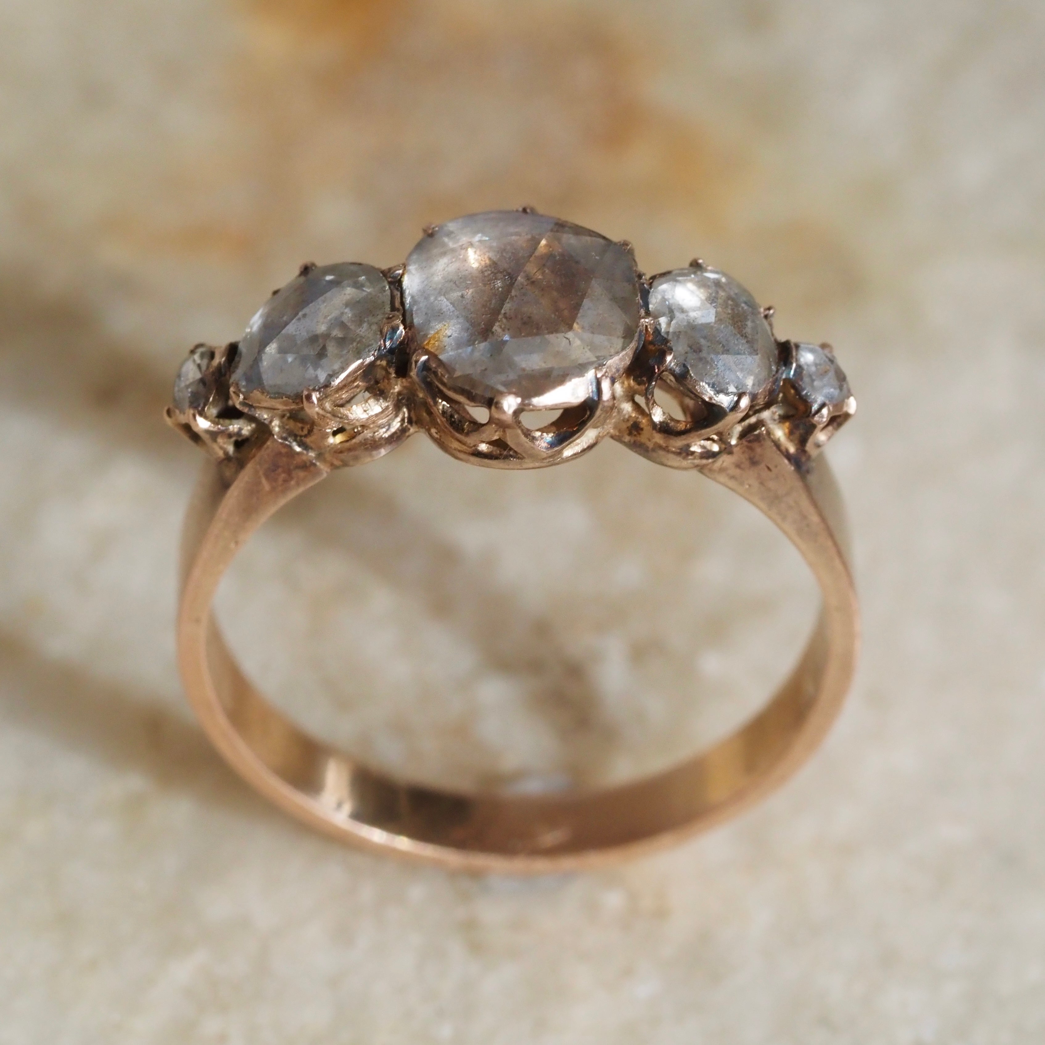 Antique Victorian French Foil Backed Rose Cut Diamond 18k Rose Gold Five Stone Ring