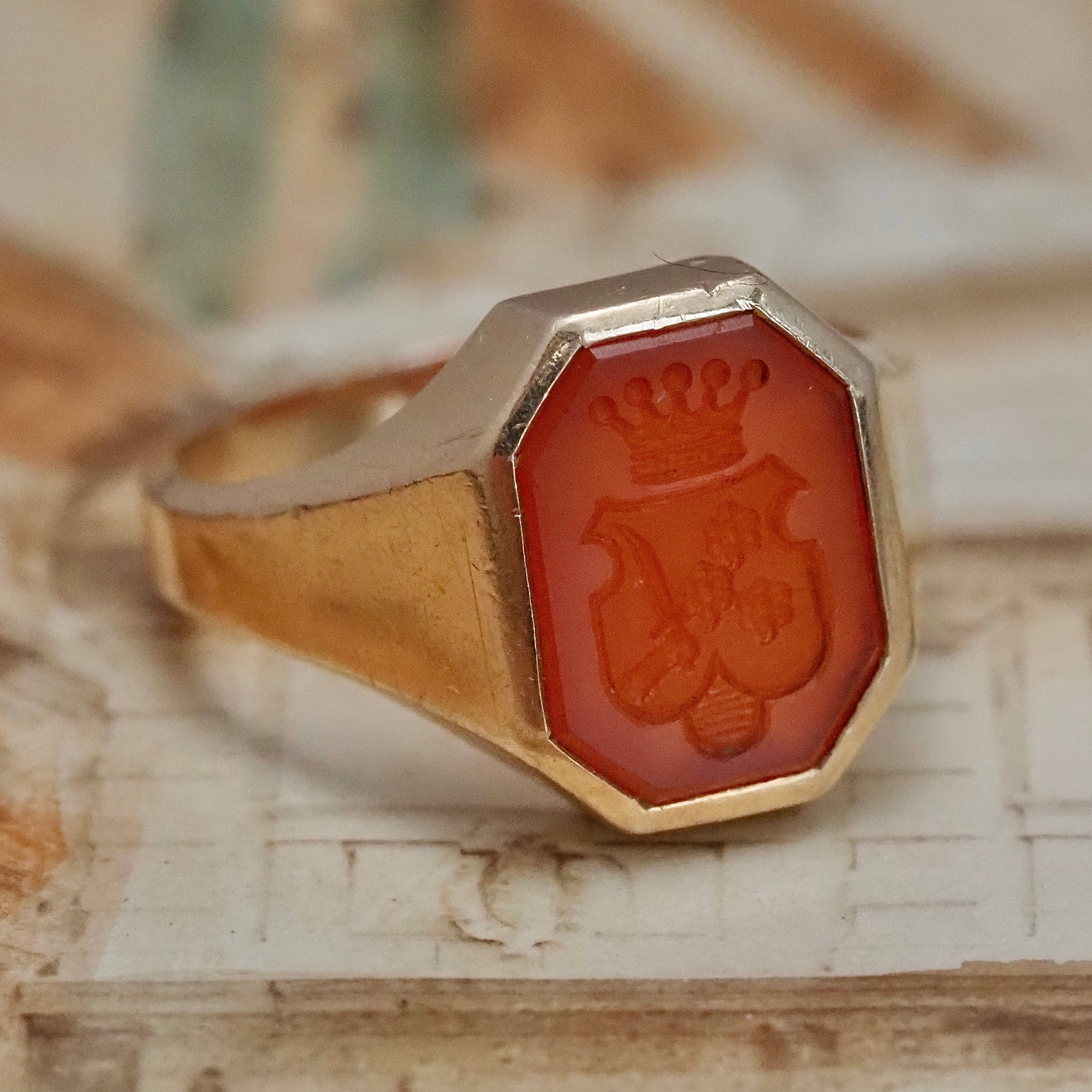 Antique Carnelian Intaglio Crest 14k Gold Signet Ring