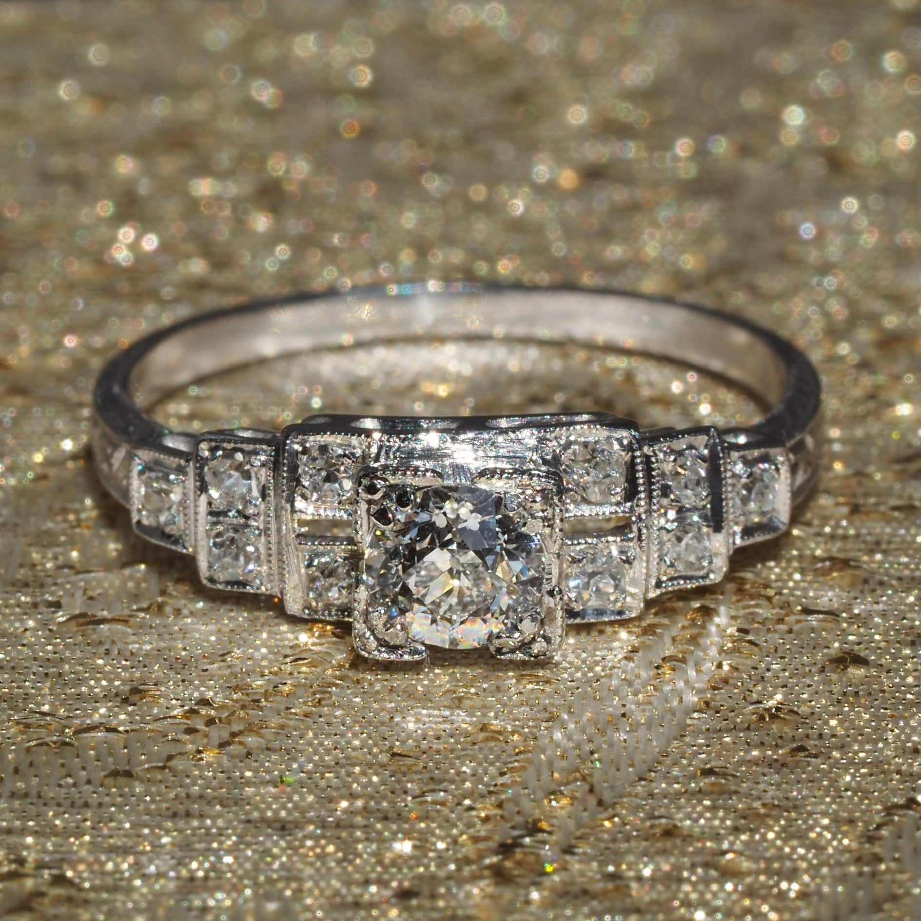 Art Deco Platinum Step Old European Cut Diamond Engagement Ring