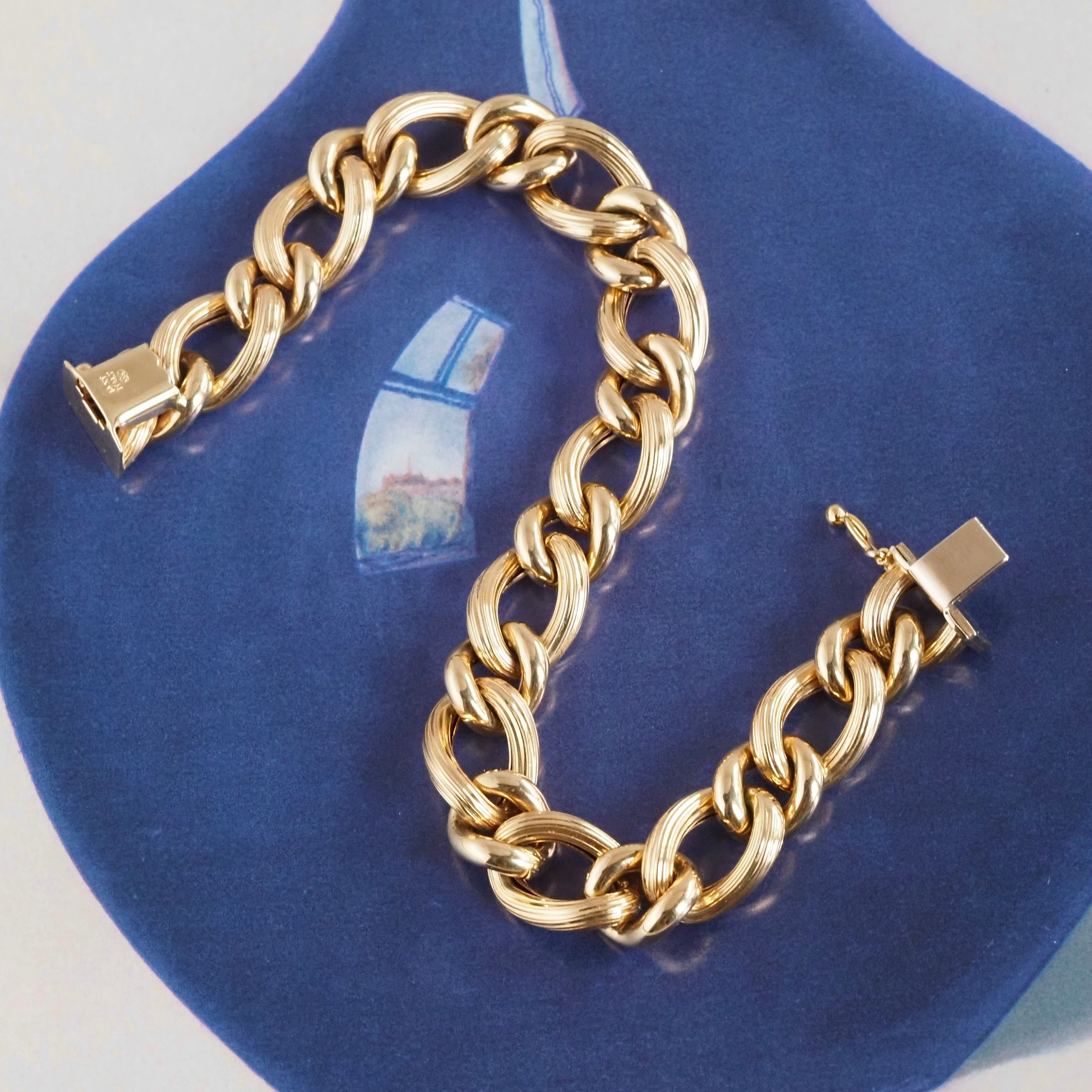Vintage Italian Alternating Curb Chain Link 14k Gold Bracelet