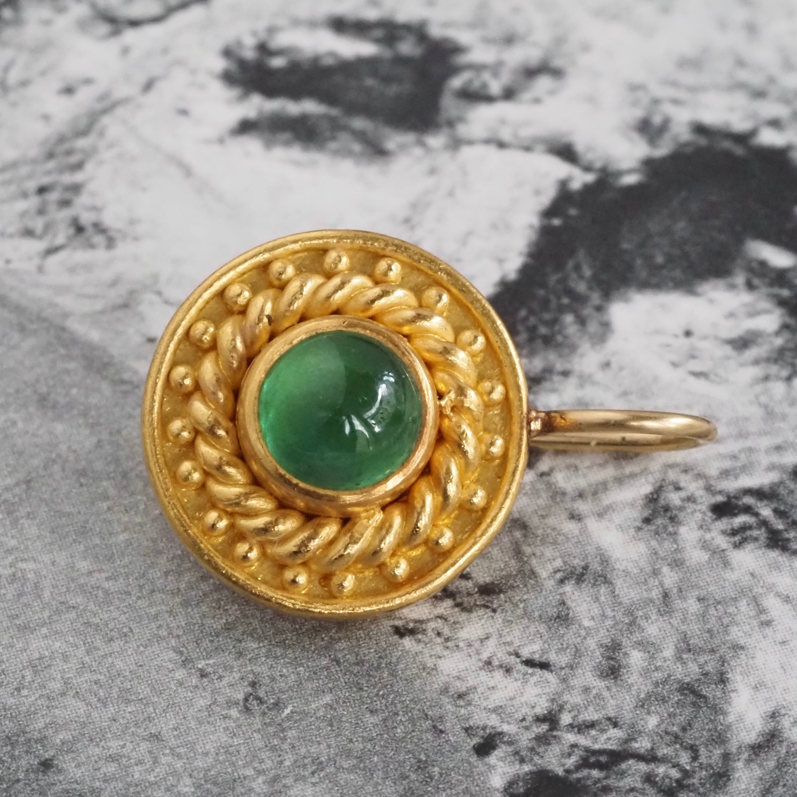 Artisan Etruscan Revival 22k Gold Cabochon Emerald Disc Earrings