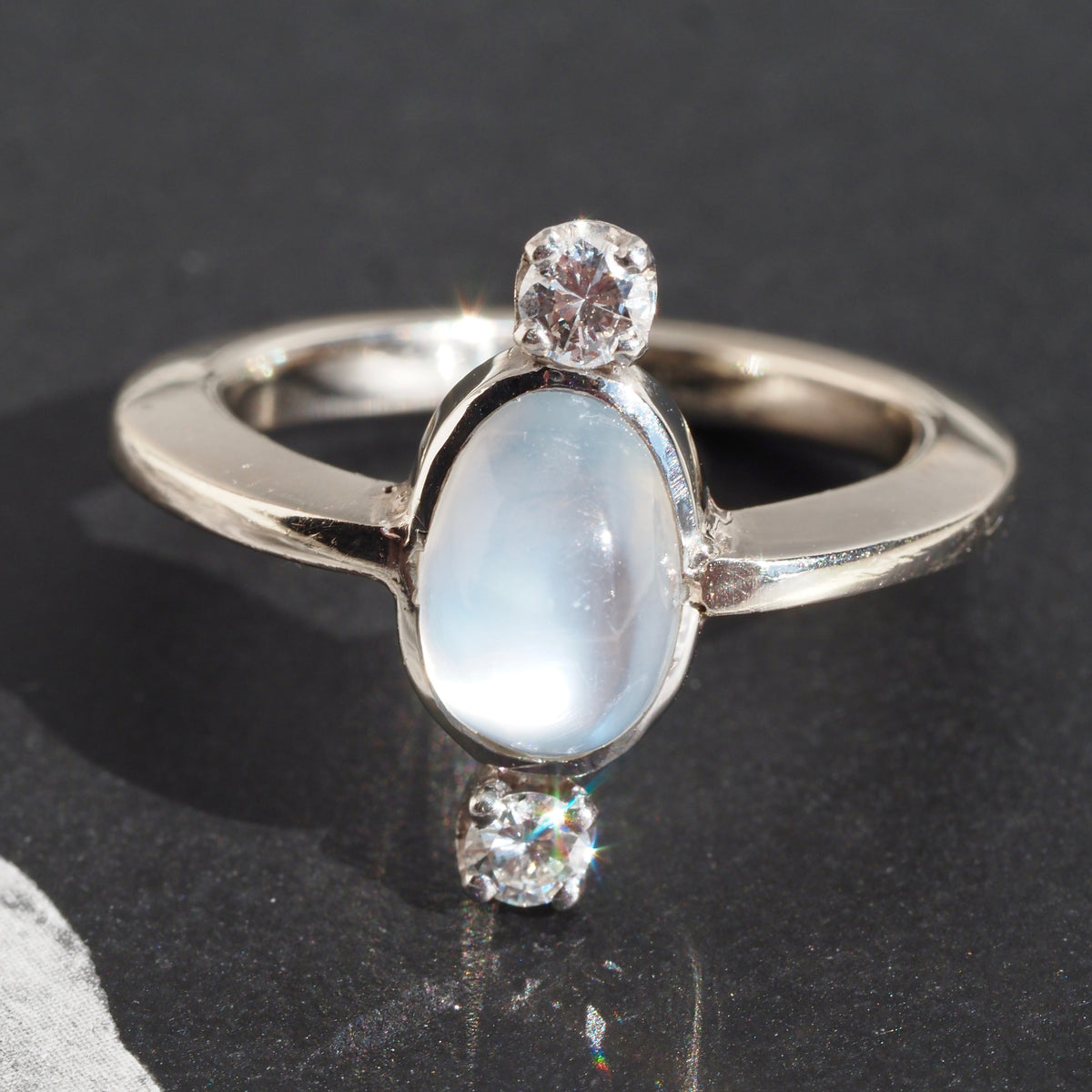 Antique Victorian Moonstone Diamond Palladium and 14k White Gold Ring