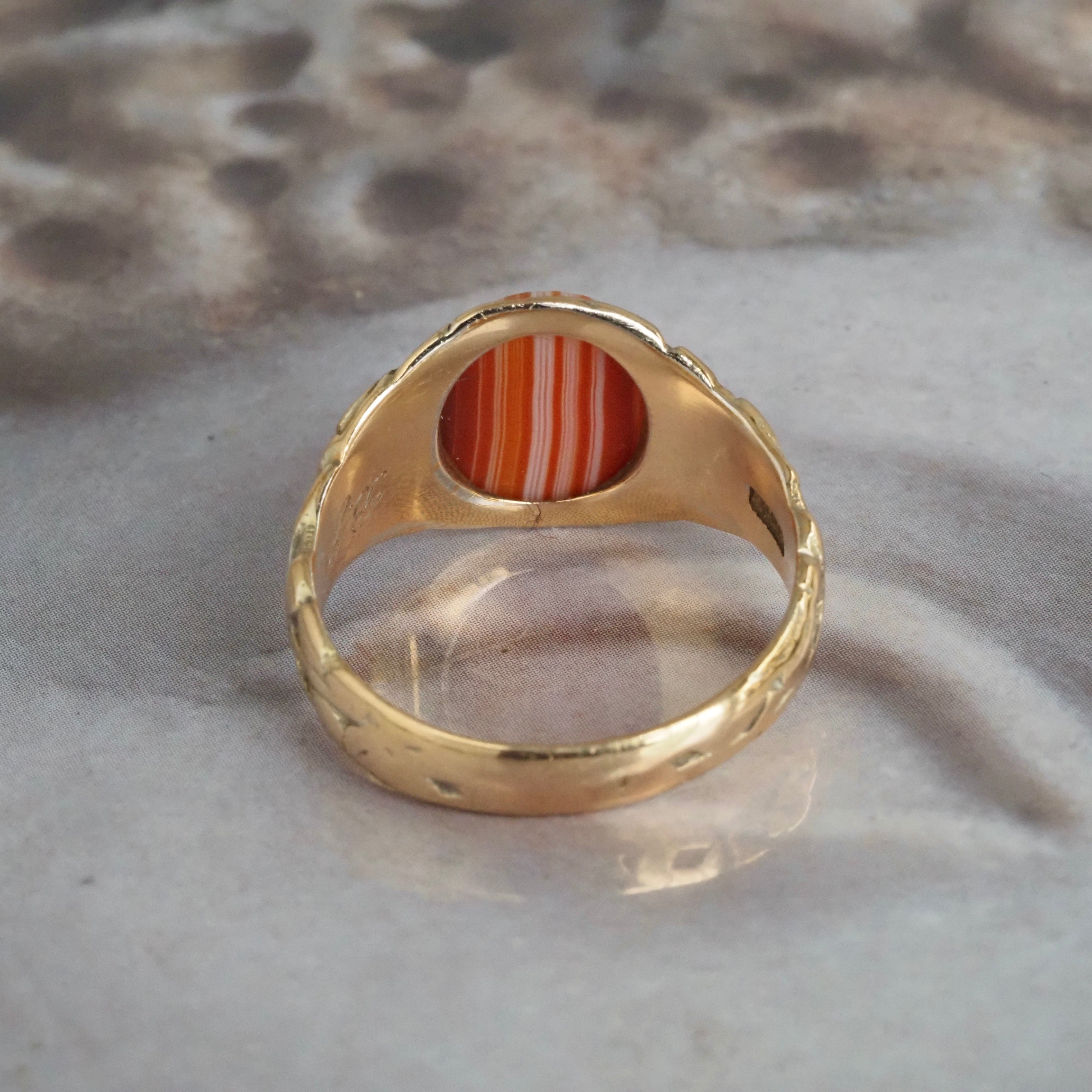 Antique Art Nouveau Banded Agate 14k Gold Roses Signet Ring