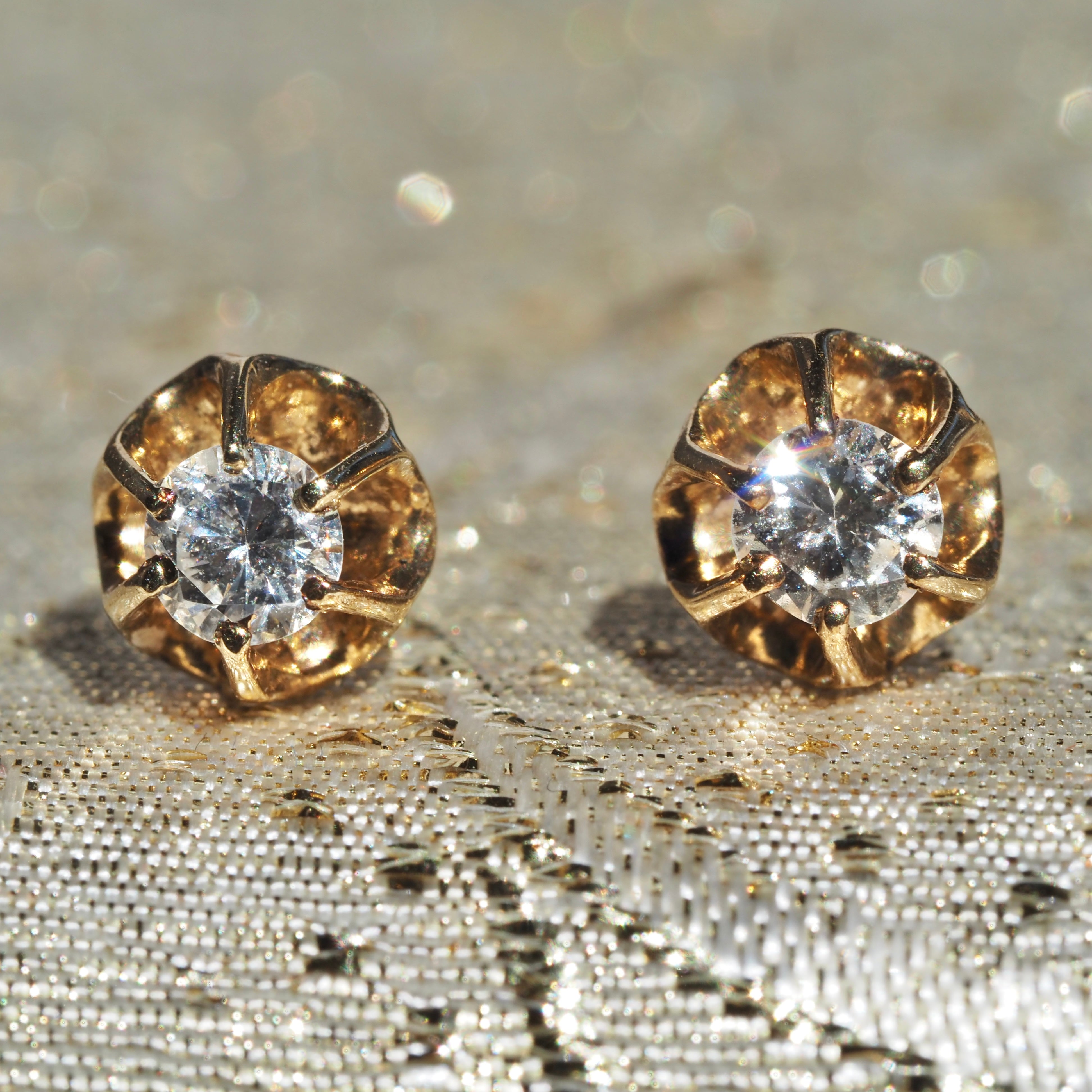 Vintage Round Brilliant Cut Diamond Buttercup 14k Gold Earrings