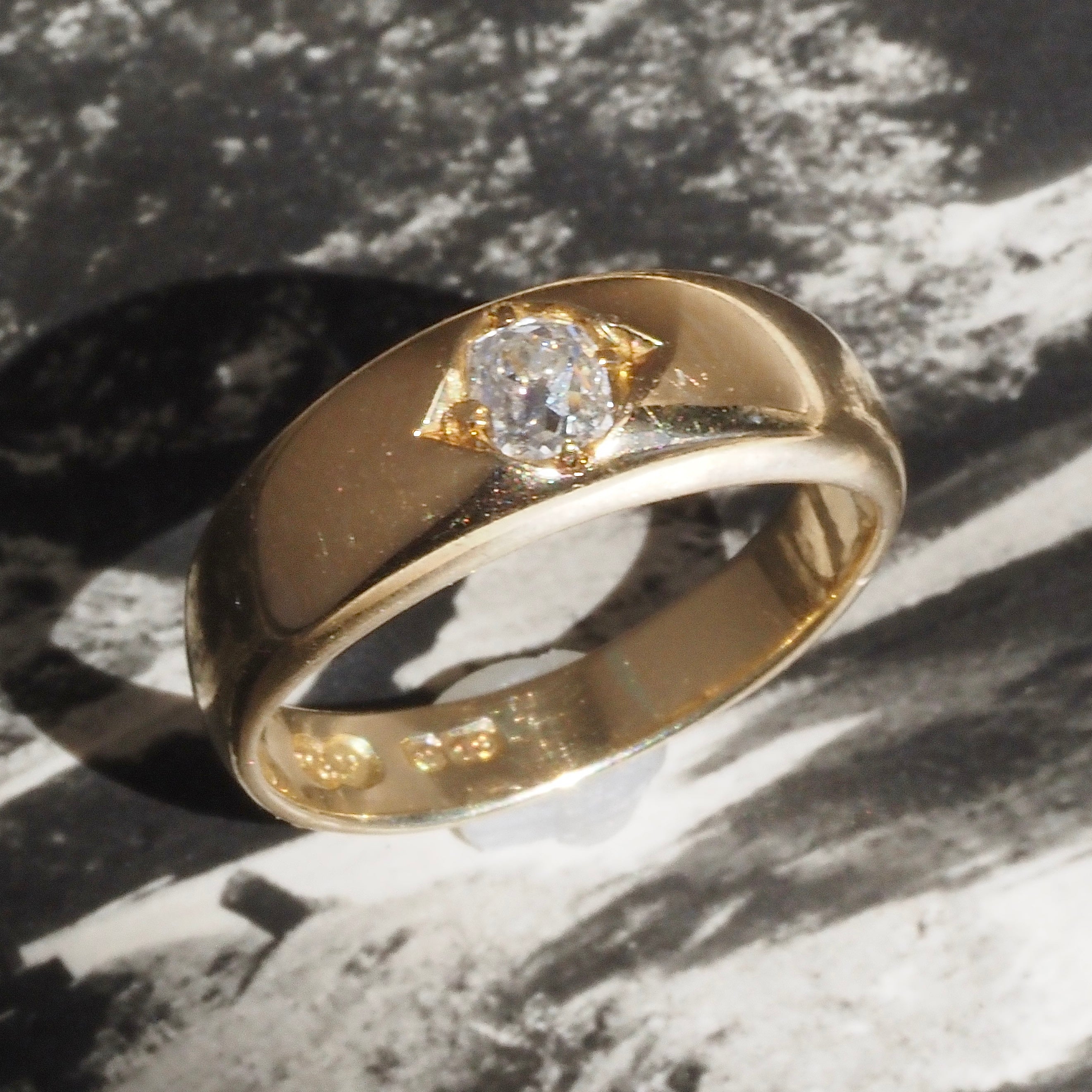 Antique English Cushion Old Mine Cut Diamond Flush Set 18k Gold Engagement Ring