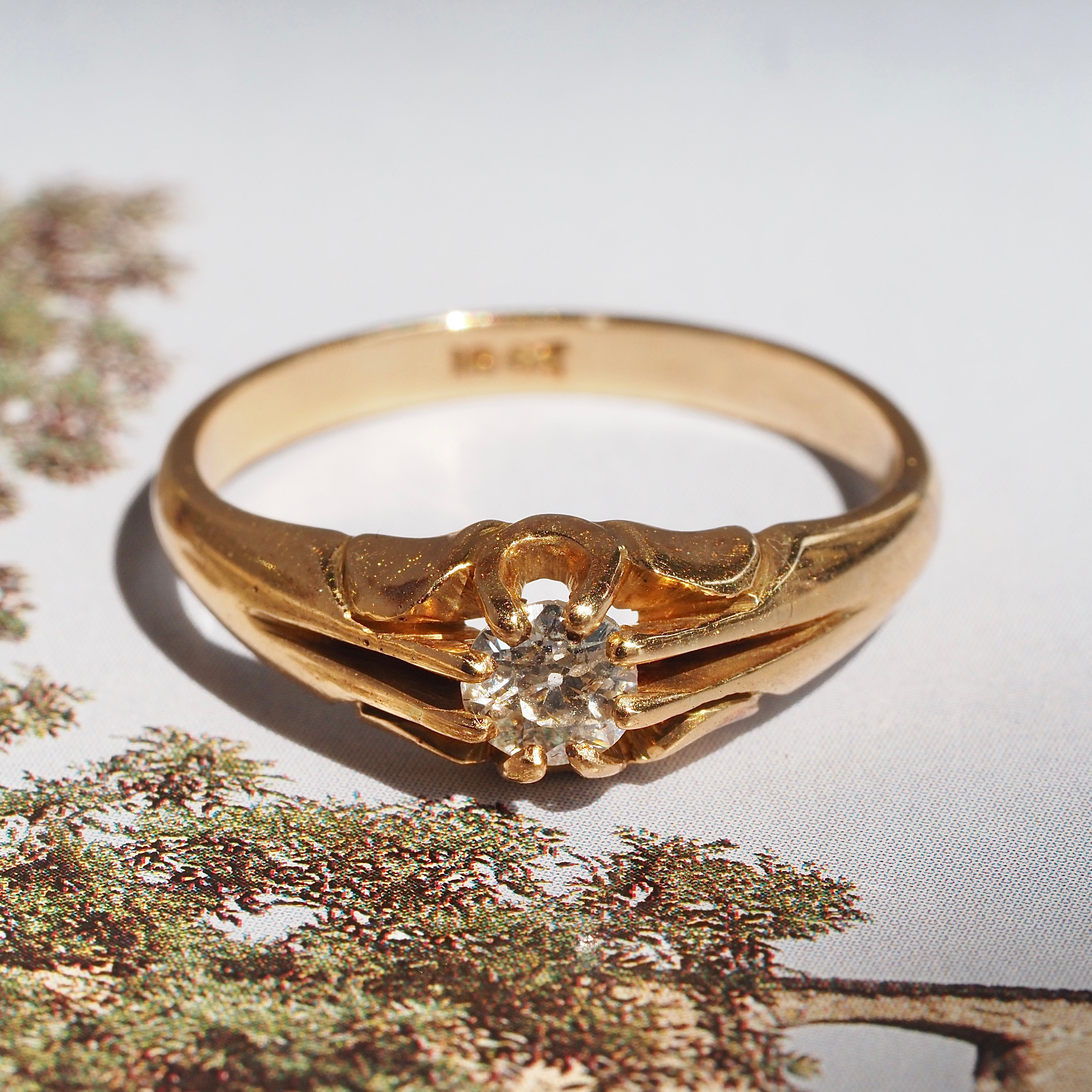 Antique Victorian English 18k Gold Old Mine Cut Diamond Belcher Engagement Ring
