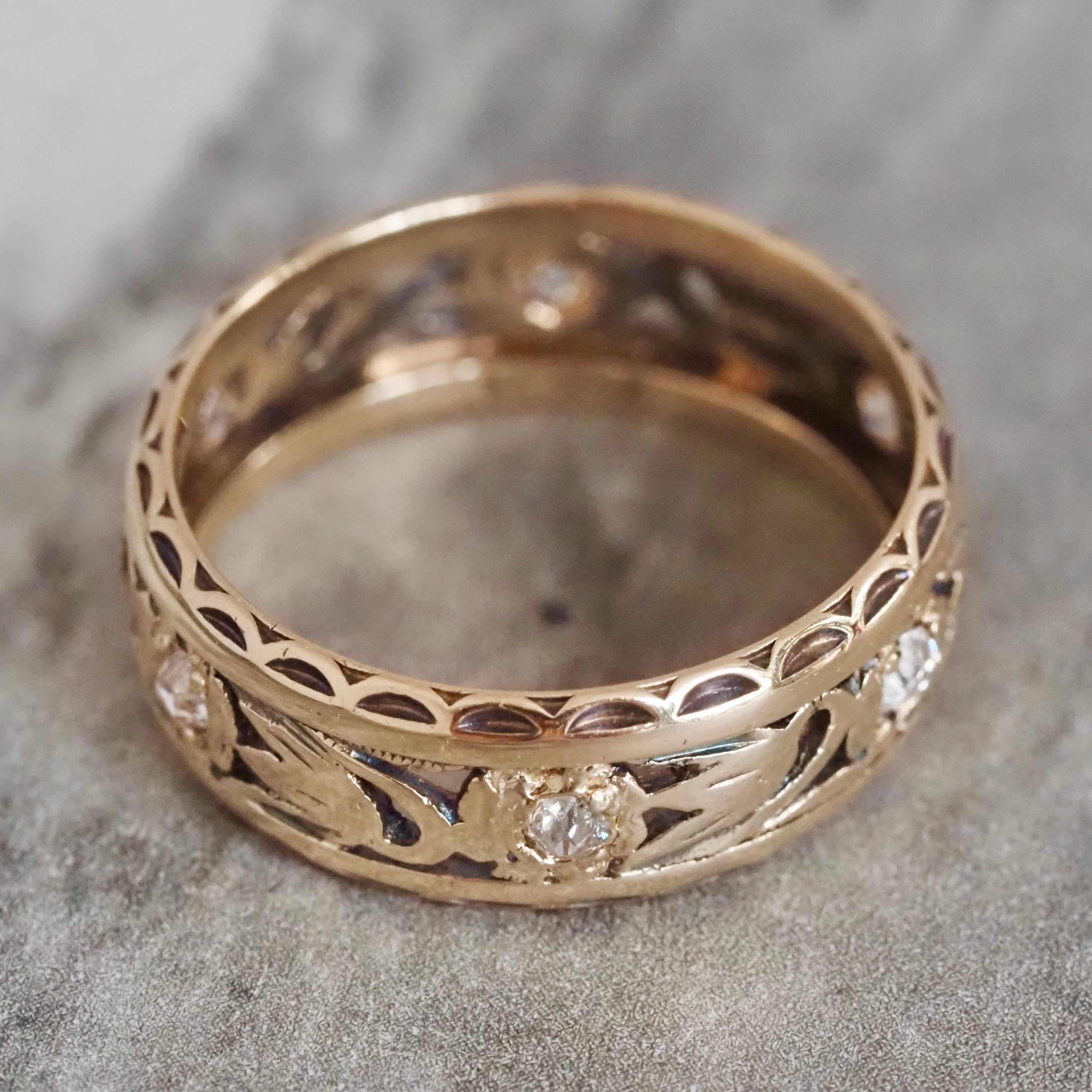 Antique 14k Gold Tulip Cutout Band with Old Mine Cut Diamonds