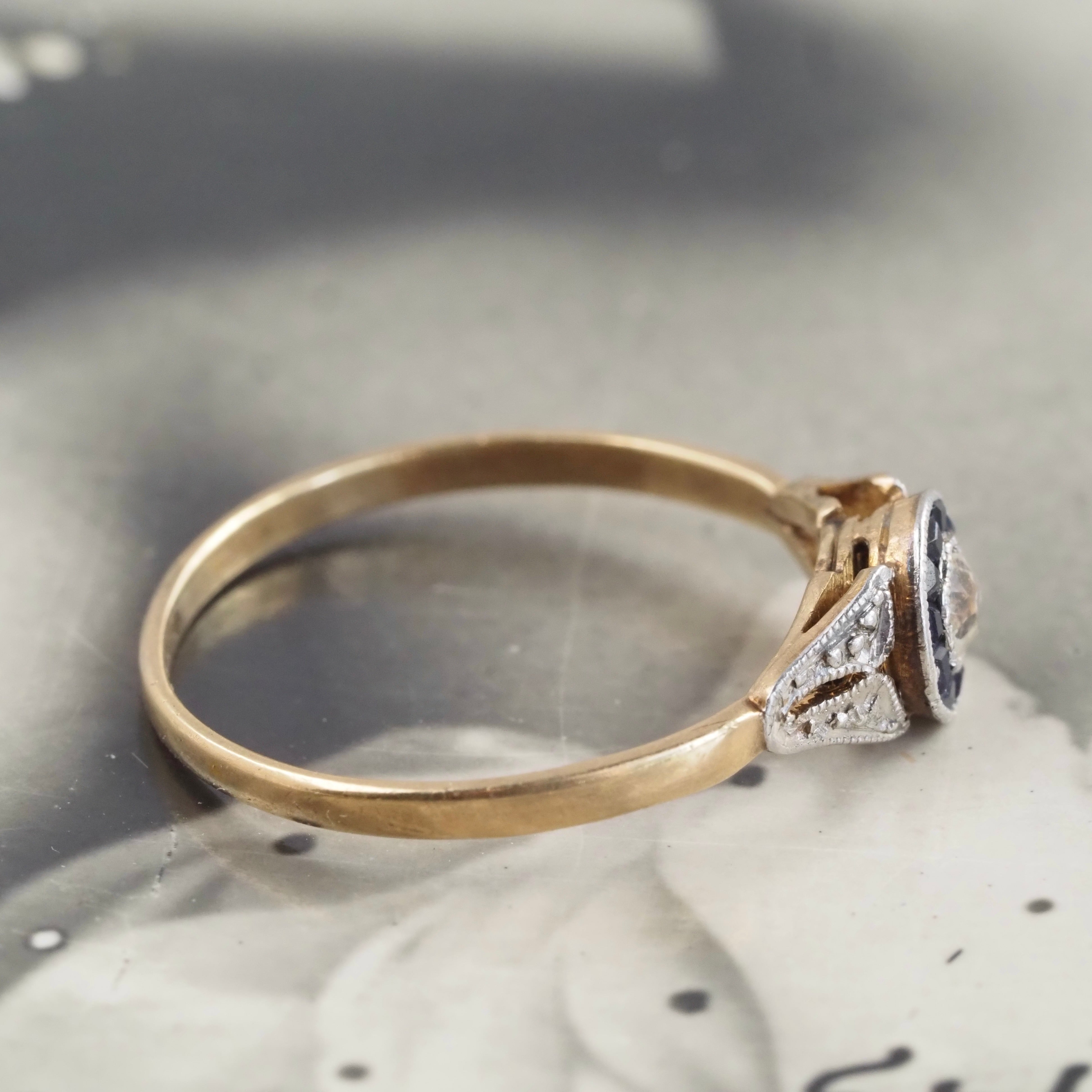 Early Art Deco Sapphire Old Mine Cut Diamond Bullseye 18k Gold Ring