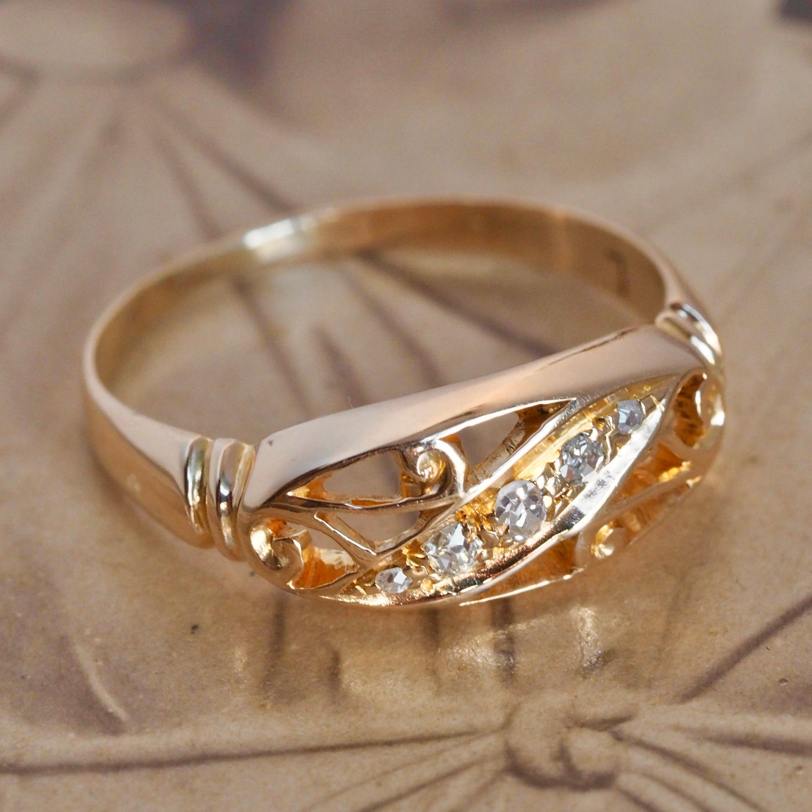 Antique Art Nouveau English 18k Gold and Diamond Scroll Ring