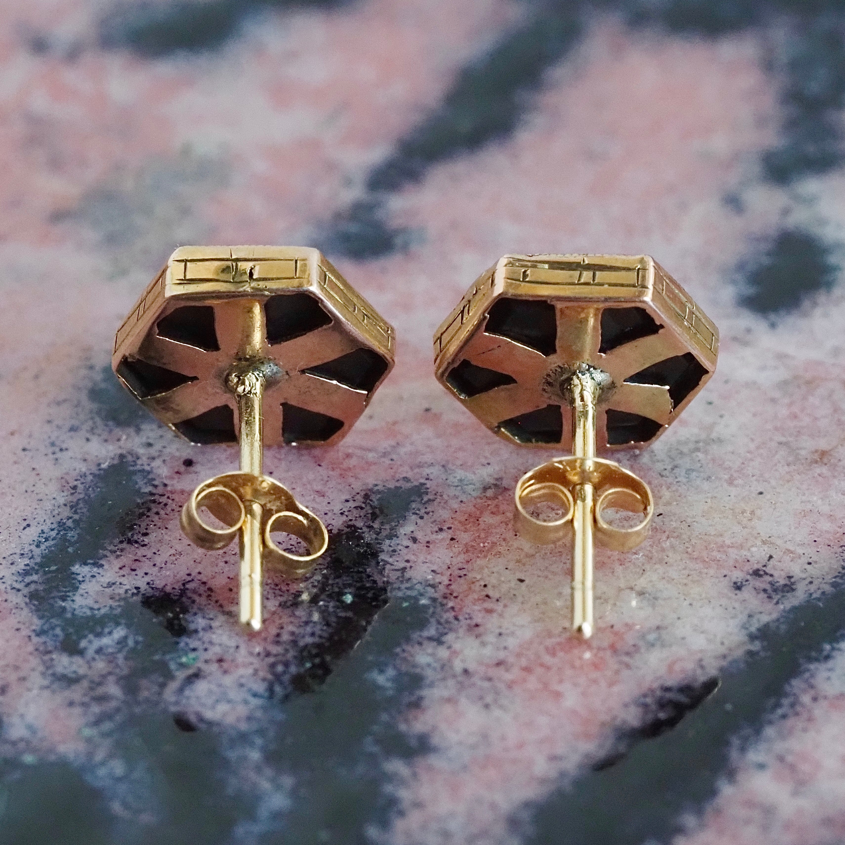 Antique Art Deco 14k Gold Hexagon Onyx and Diamond Stud Earrings