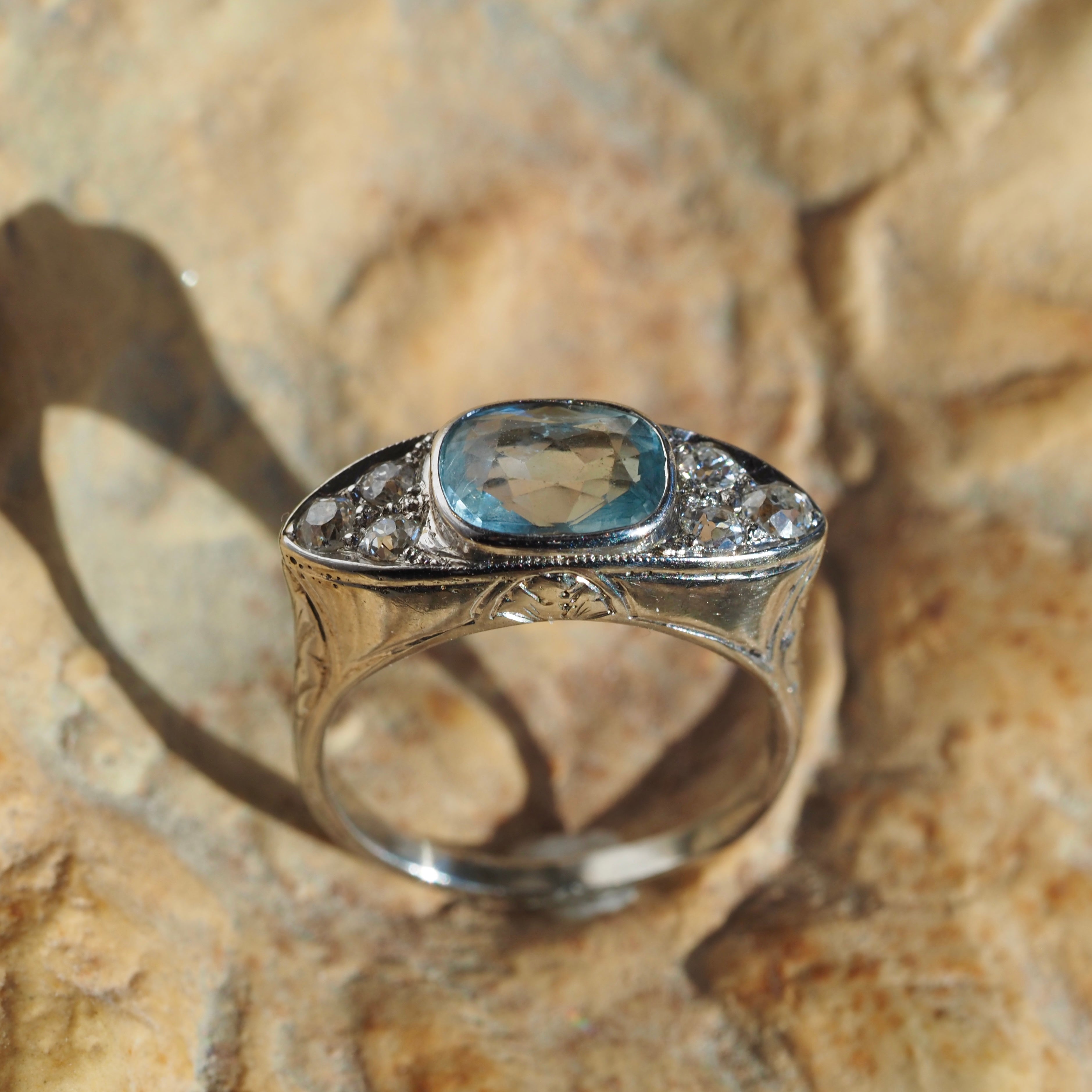 Art Deco Aquamarine Old Mine Cut Diamond Palladium Eye Ring