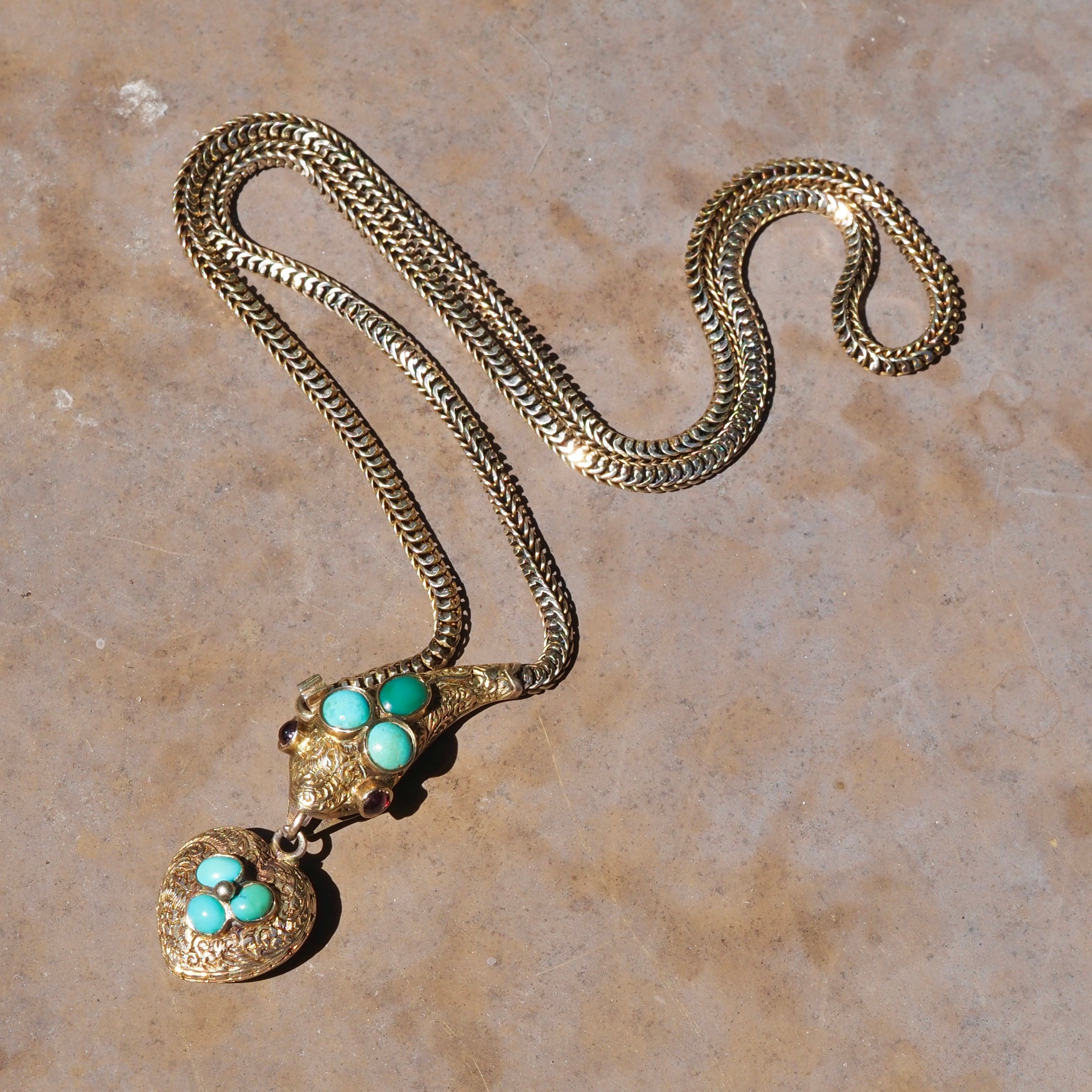 Antique Victorian 9k Gold Turquoise and Garnet Snake Locket Necklace