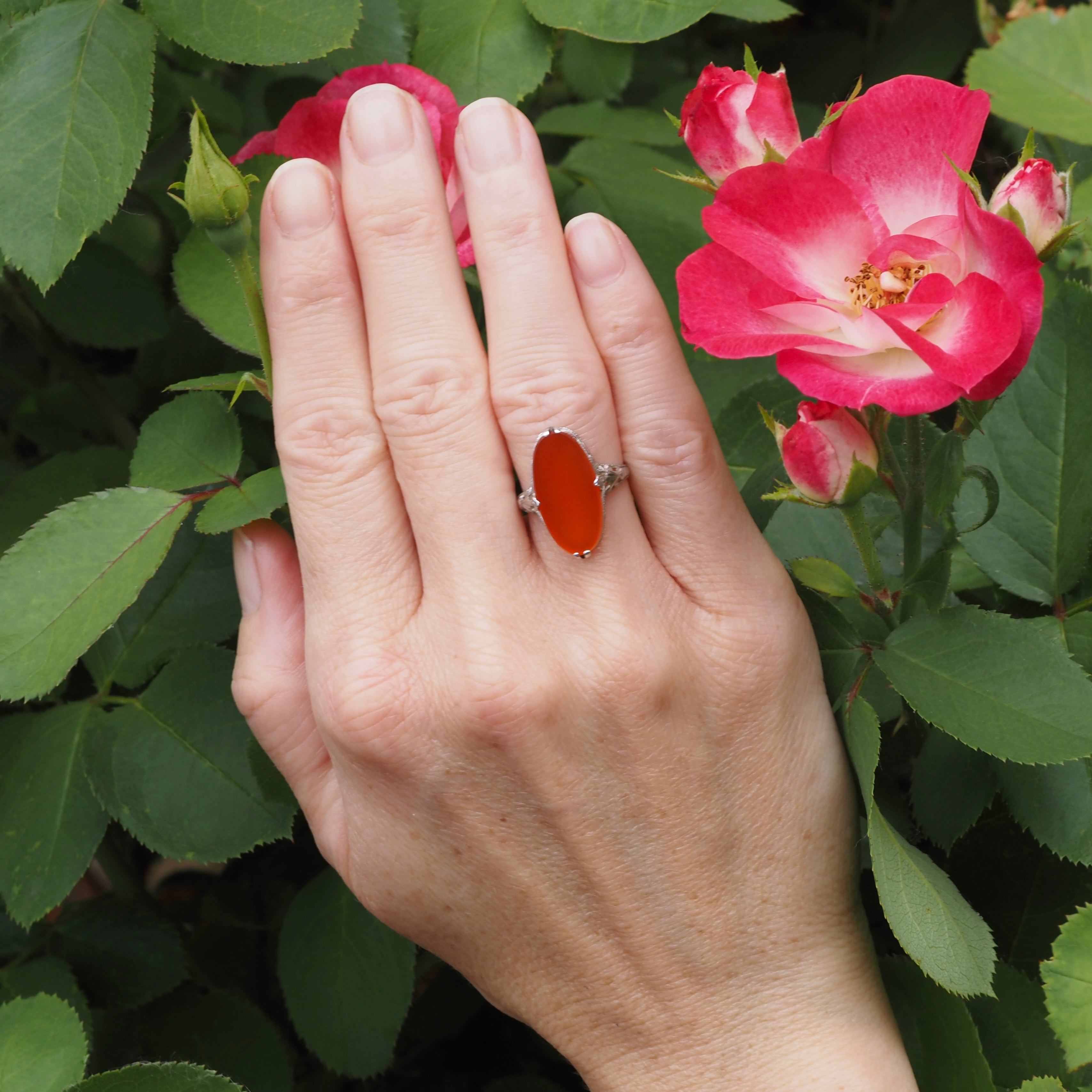 Antique Art Deco 14k White Gold Filigree Carnelian Ring