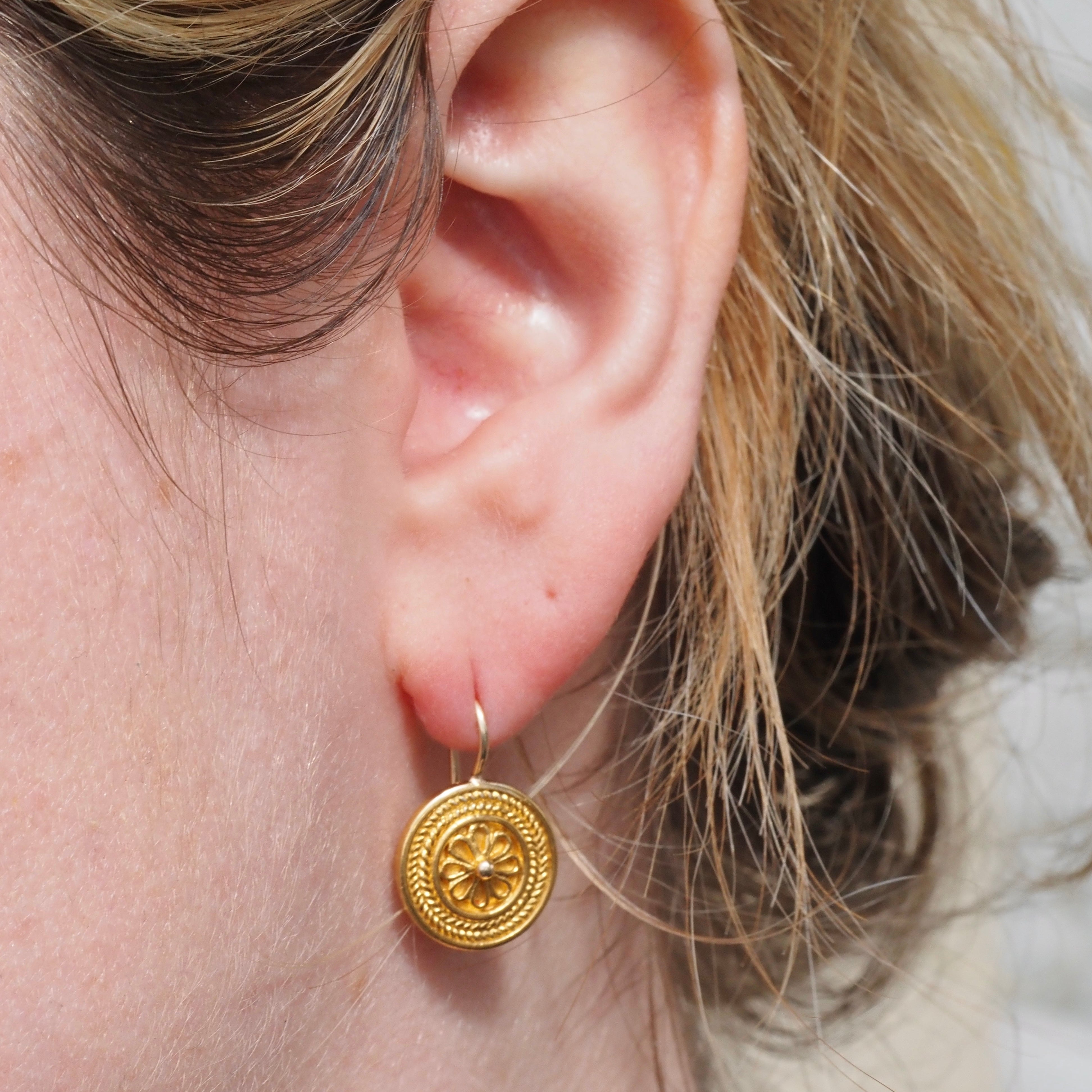 Vintage Ancient Greek Style 14k Gold Disc Earrings
